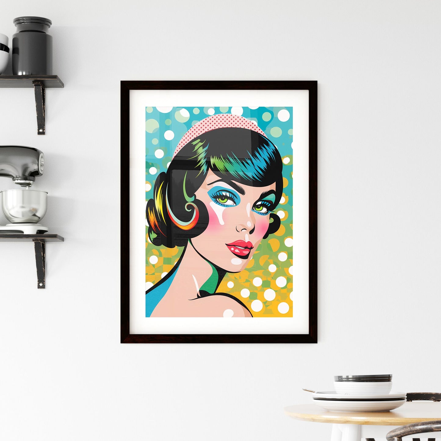 Playful Pop Art: Vibrant Painting with Green-Eyed Blue-Haired Woman Default Title