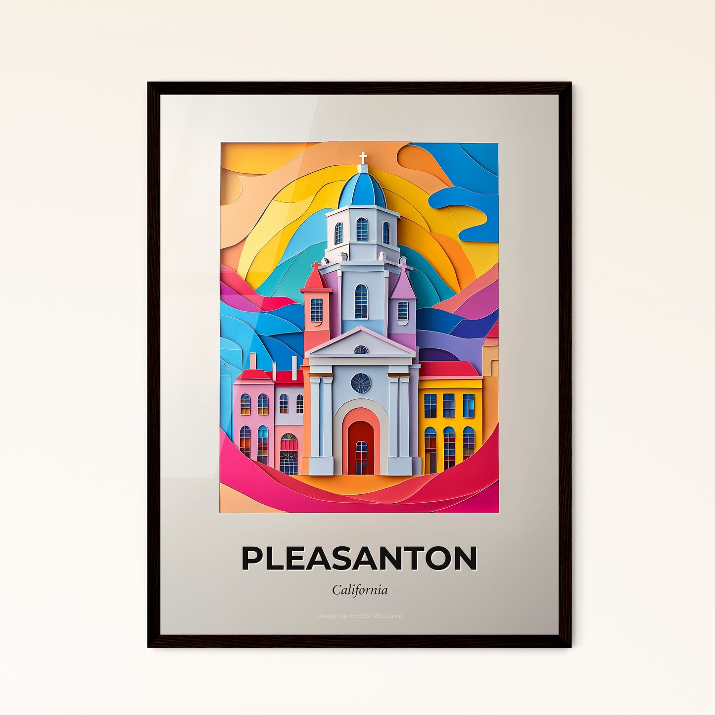 Vivid Pleasanton, California - a church with a steeple and a rainbow colored sky