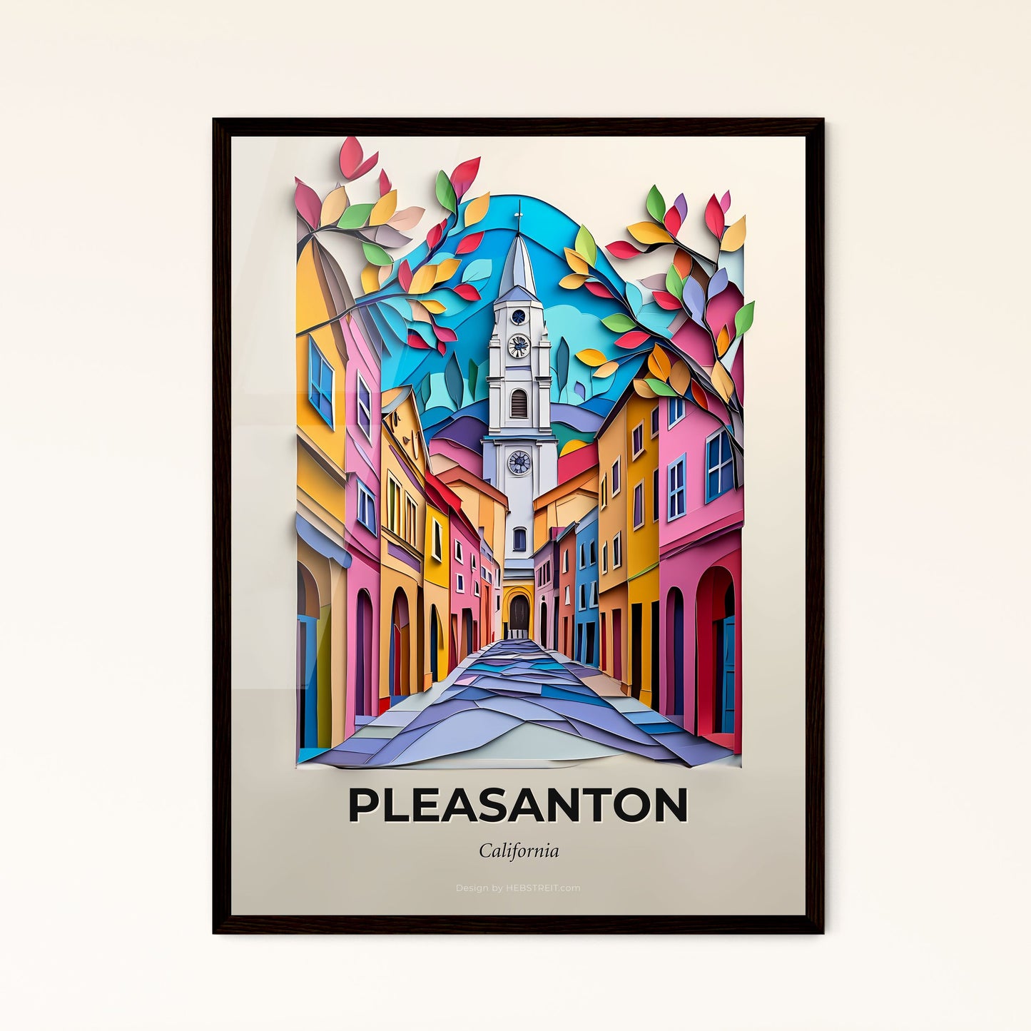 Vivid Pleasanton, California - a paper cut of a street with a clock tower