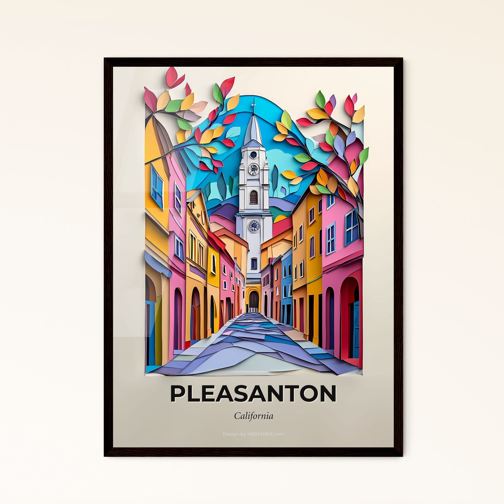 Vivid Pleasanton, California - a paper cut of a street with a clock tower