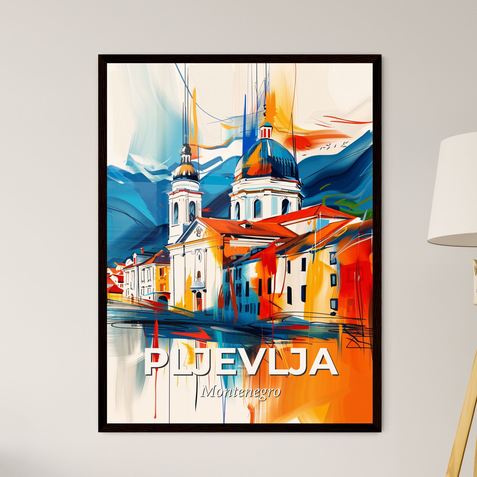 Vibrant Pljevlja, Montenegro - A Painting Of A Building With A Dome And A Blue And Orange Roof