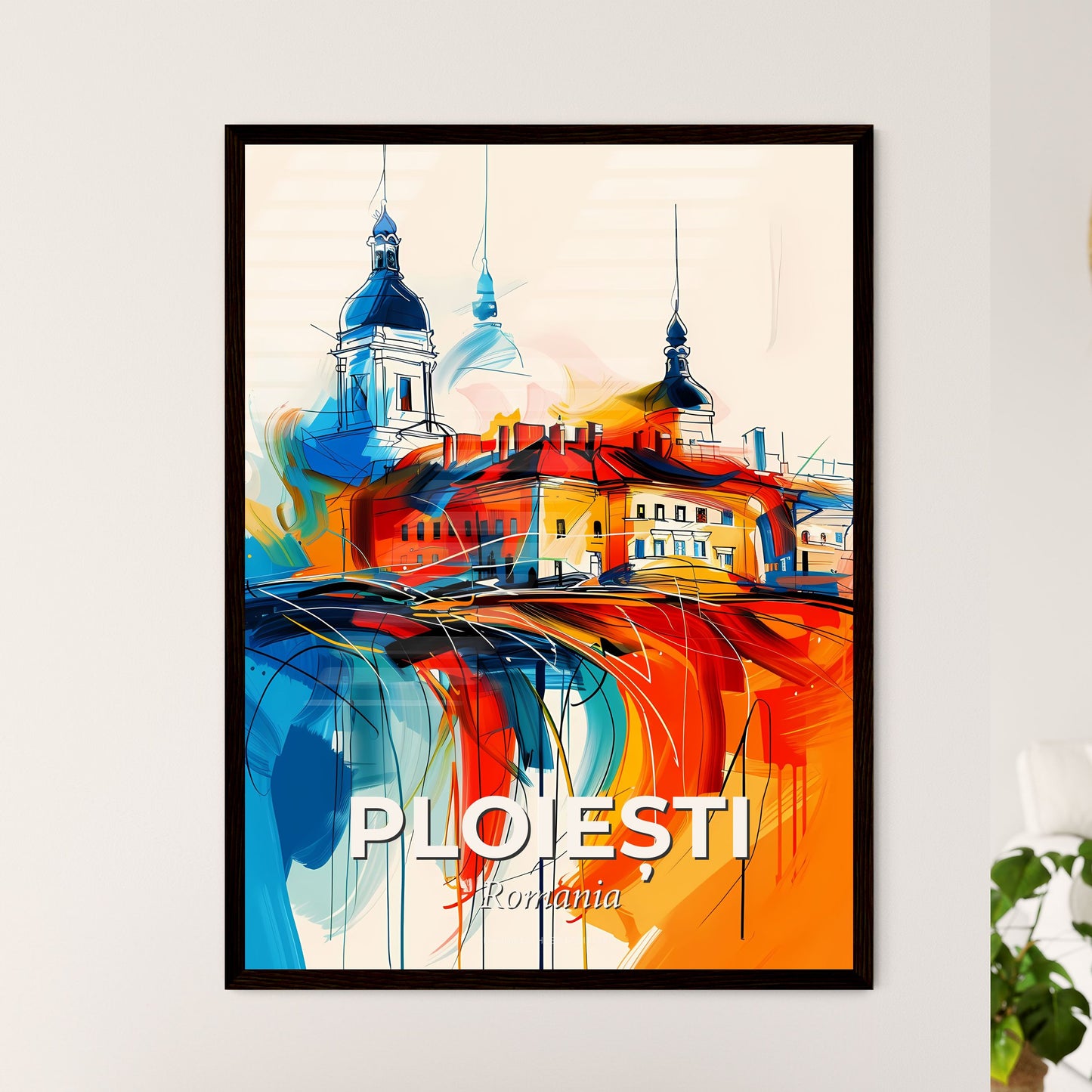 Vibrant Ploiești, Romania - A Painting Of A Building With Towers And A Colorful Background