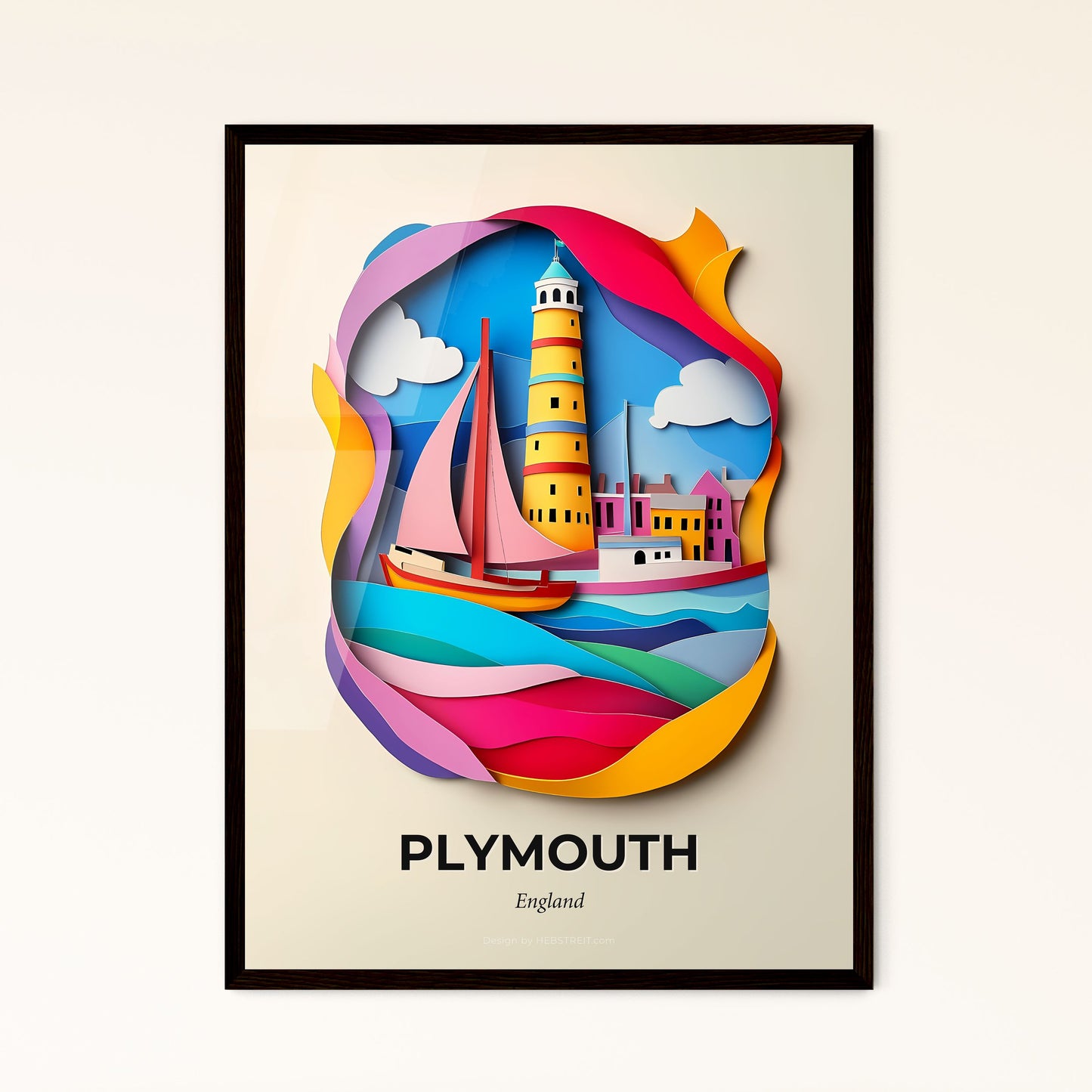 Vivid Plymouth, England - a paper cut of a lighthouse and a sailboat