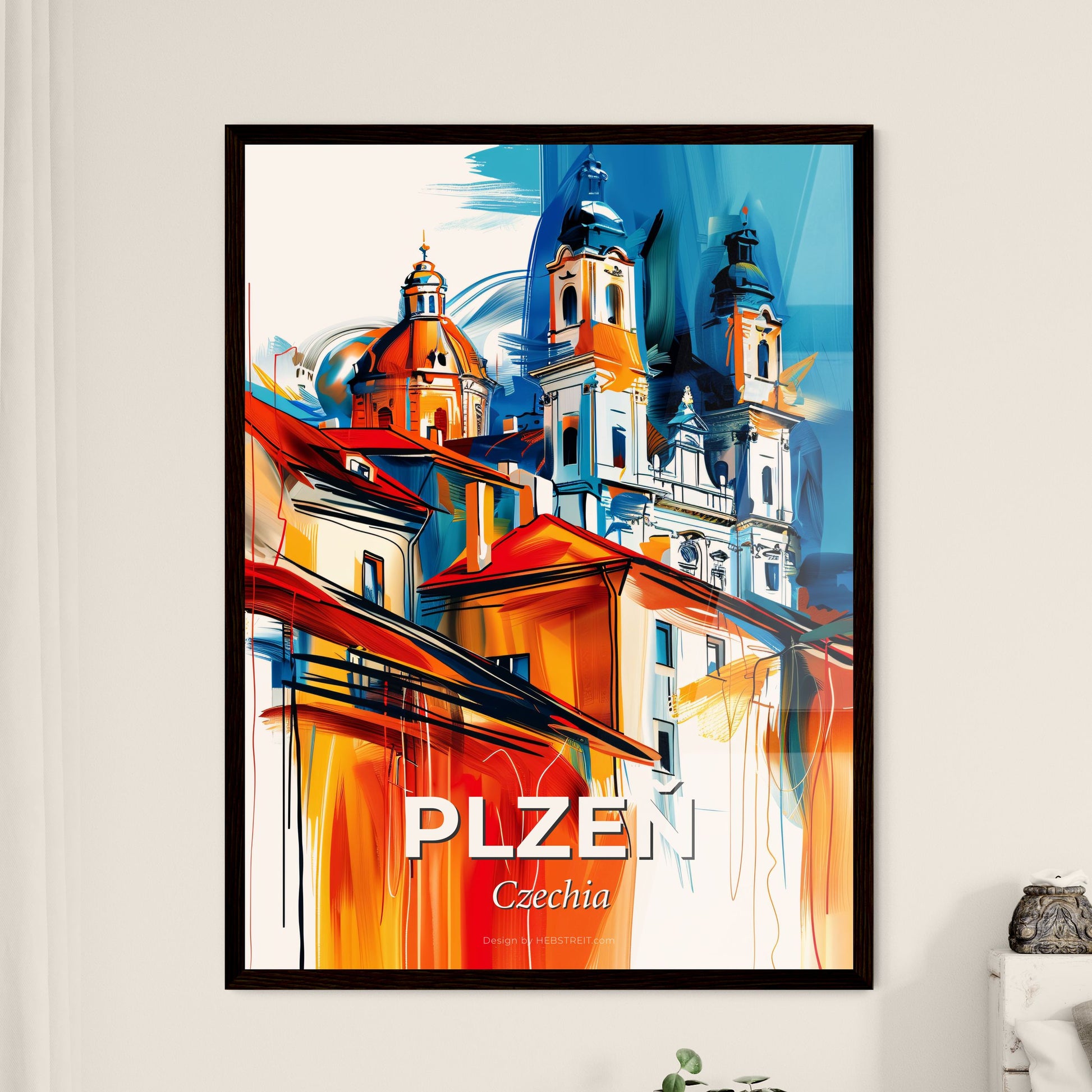 Vibrant Plzeň, Czechia - A Painting Of A Building With A Colorful Background