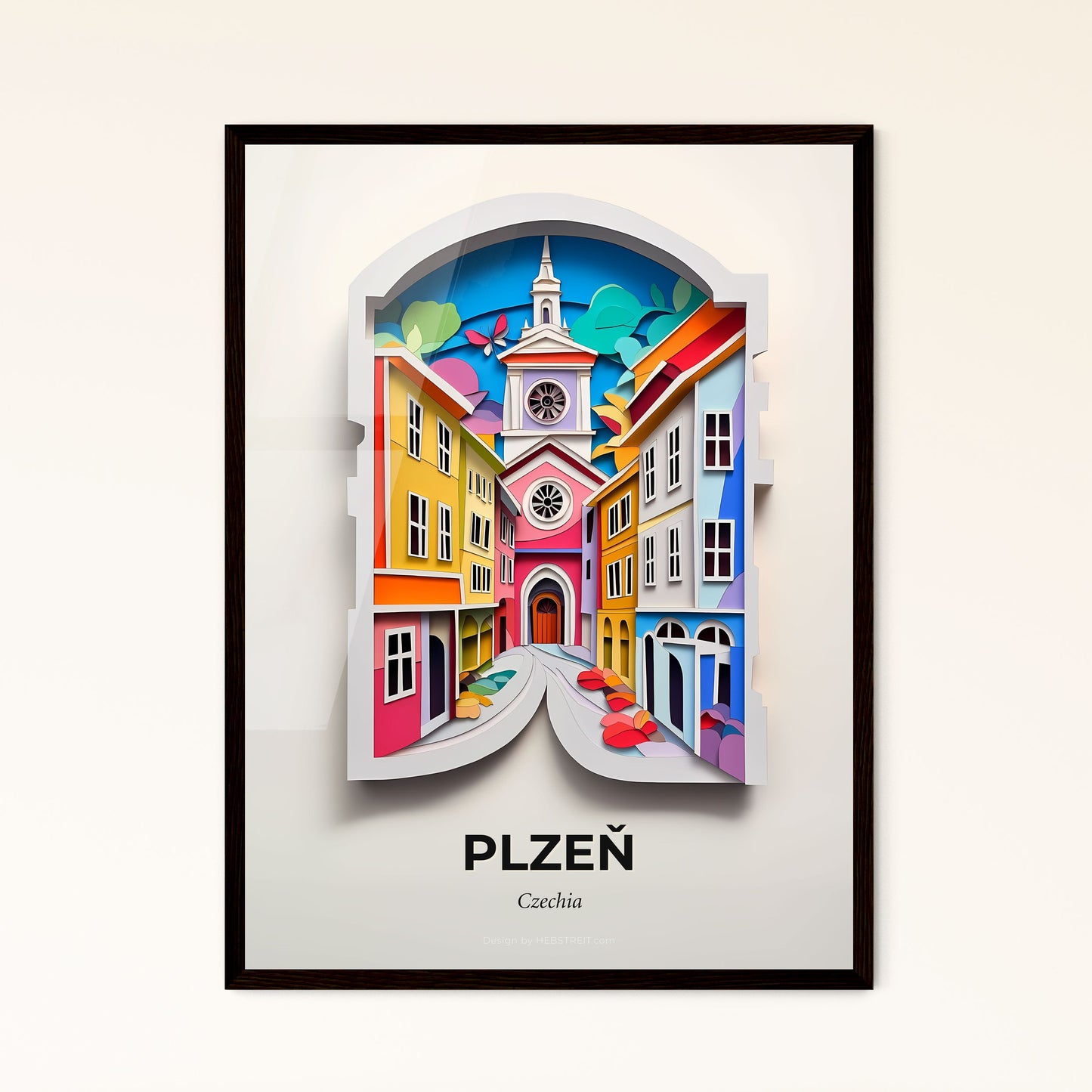 Vivid Plzeň, Czechia - a paper cut of a city street with a clock tower