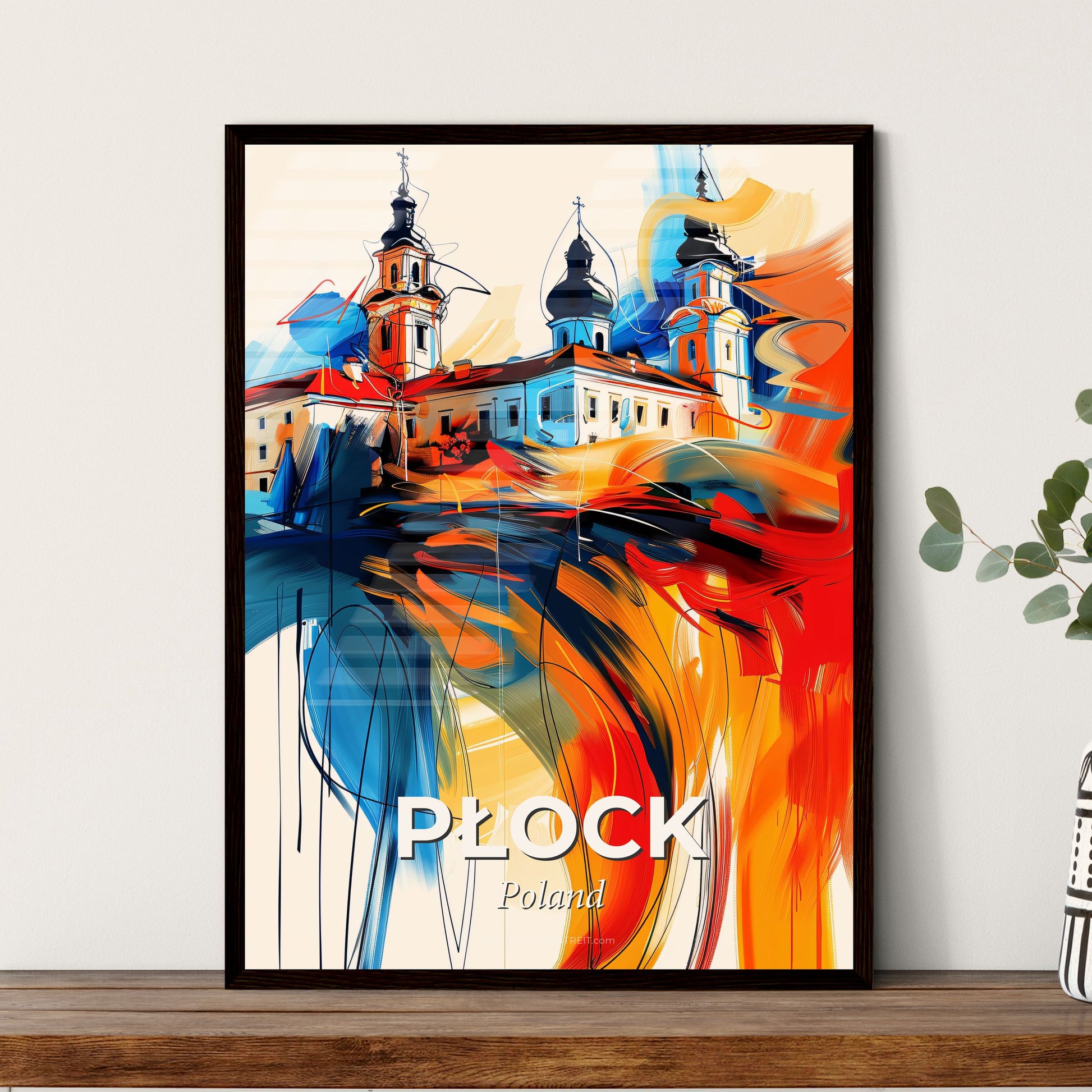 Vibrant Płock, Poland - A Painting Of A Building With Towers And A Colorful Background