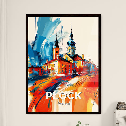 Vibrant Płock, Poland - A Painting Of A Building With Towers And A Blue And Orange Paint