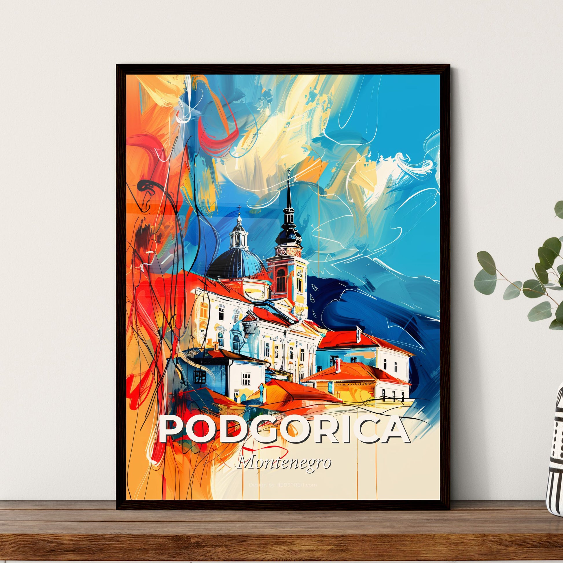 Vibrant Podgorica, Montenegro - A Painting Of A Building With A Dome And A Blue Sky