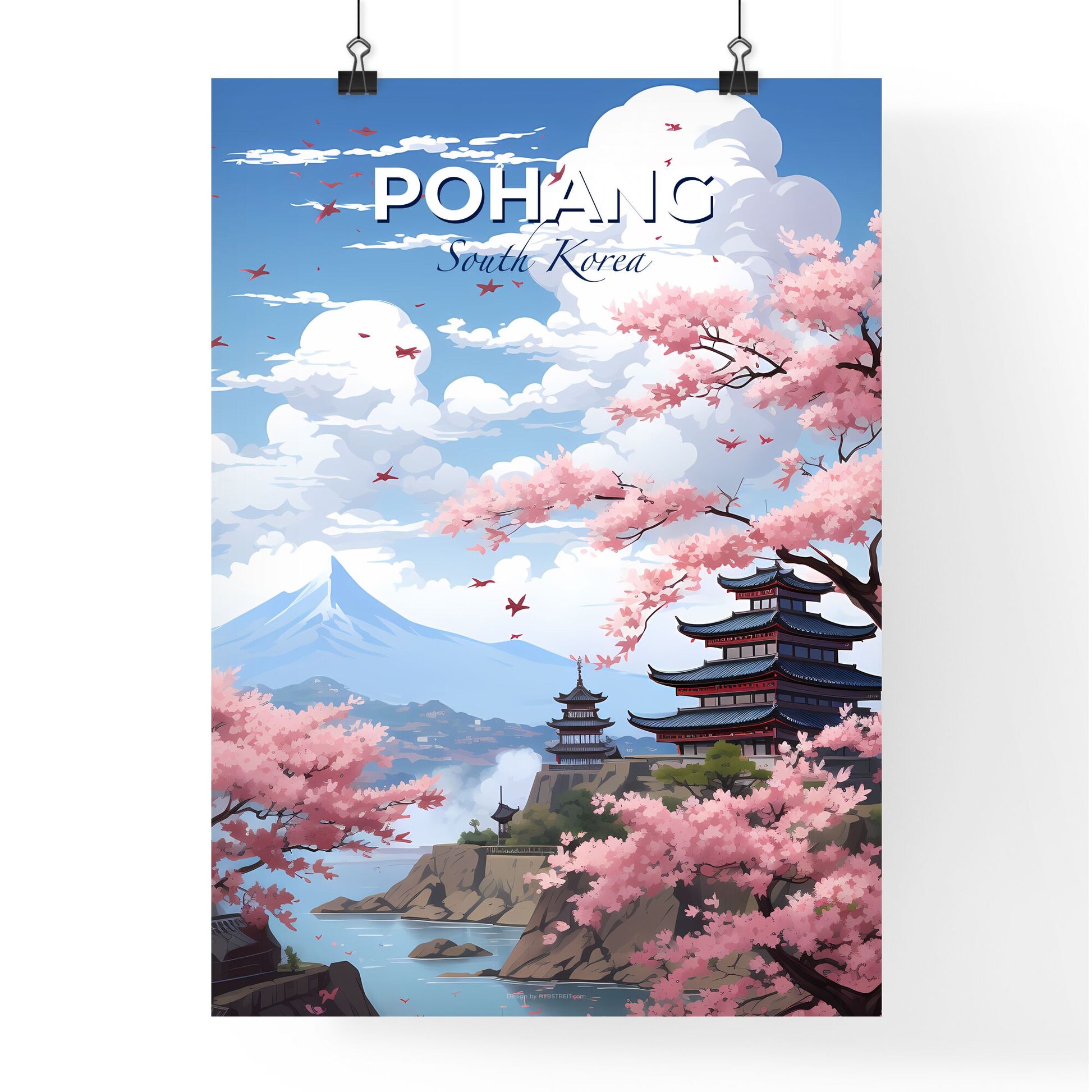 Tranquil Pagoda Landscape with Cherry Blossoms, Pohang Skyline Artwork with Vibrant Colors and Artistic Flair Default Title