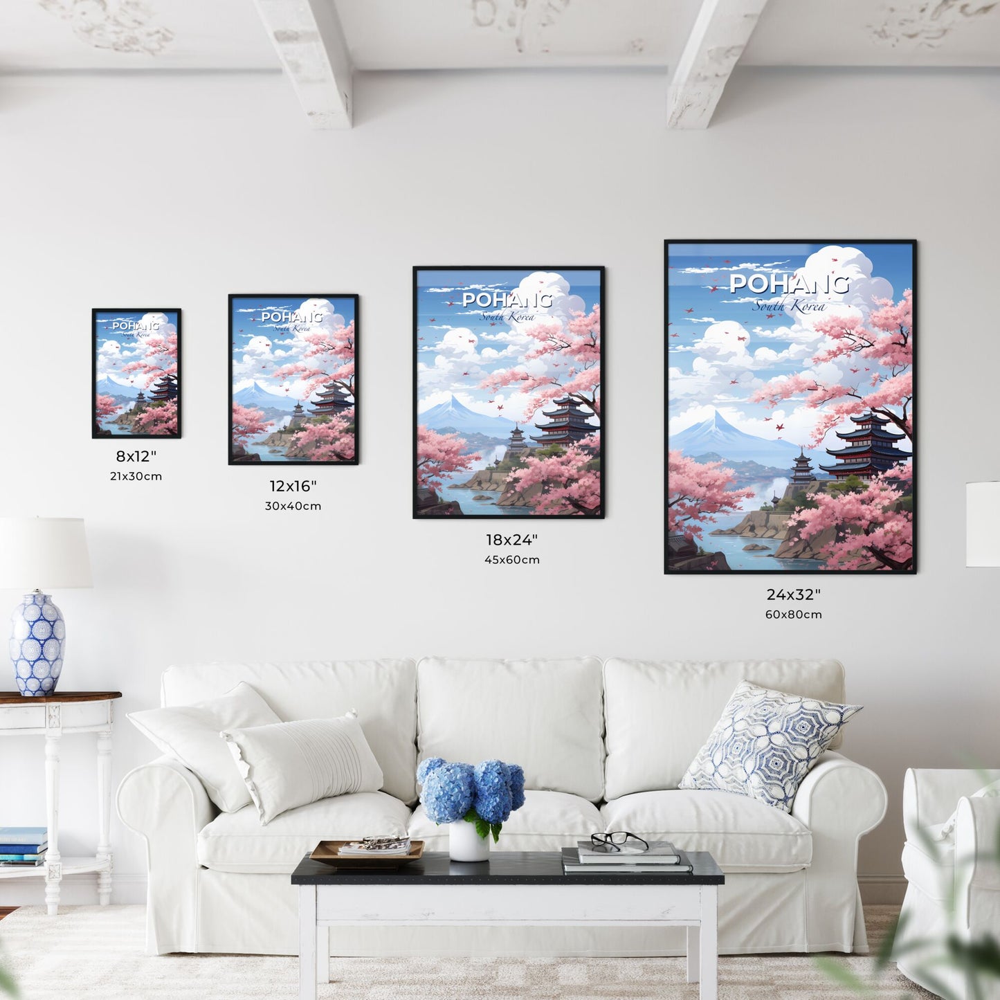 Tranquil Pagoda Landscape with Cherry Blossoms, Pohang Skyline Artwork with Vibrant Colors and Artistic Flair Default Title