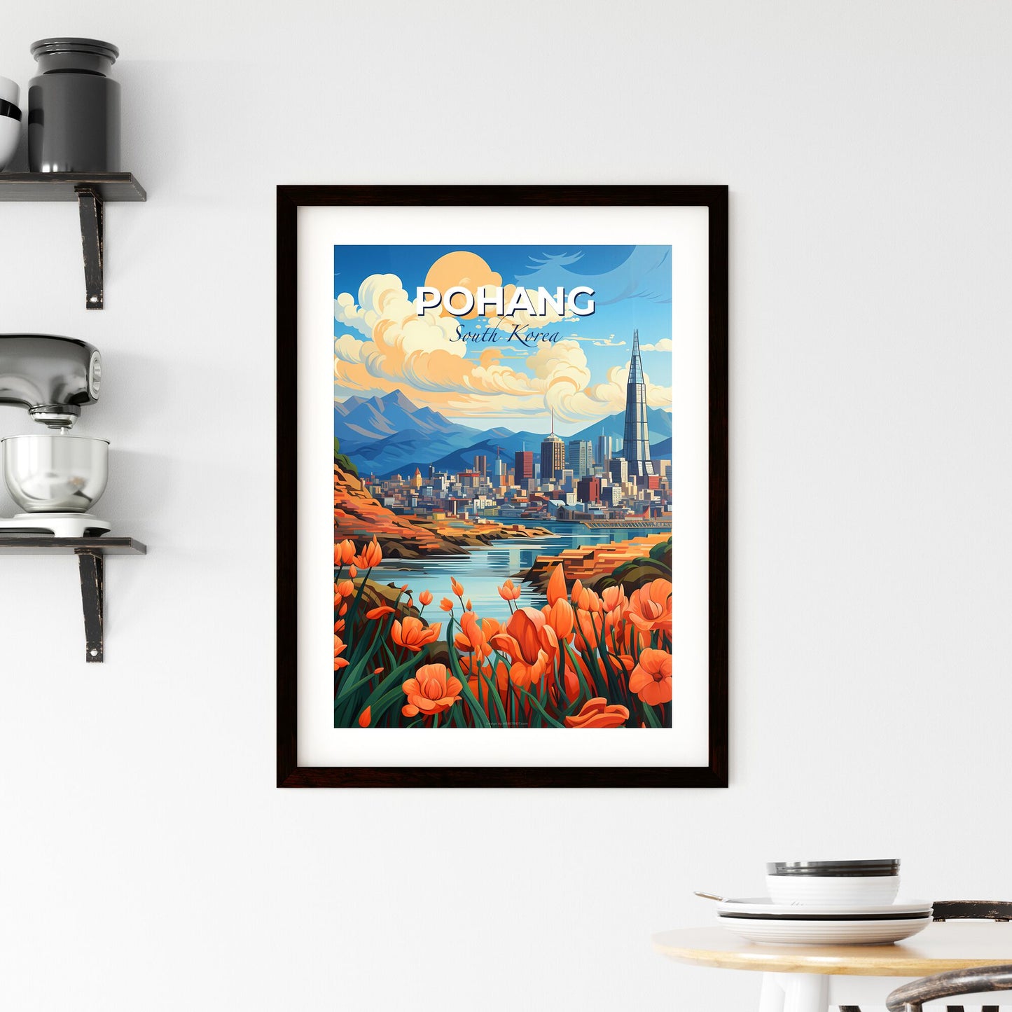 Vibrant Painted Cityscape of Pohang South Korea Skyline with Orange Flowers Default Title