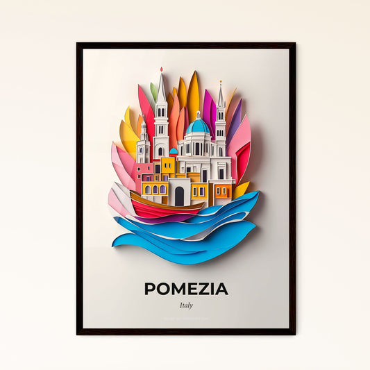 Vivid Pomezia, Italy - a paper cut of a boat with a church in the background