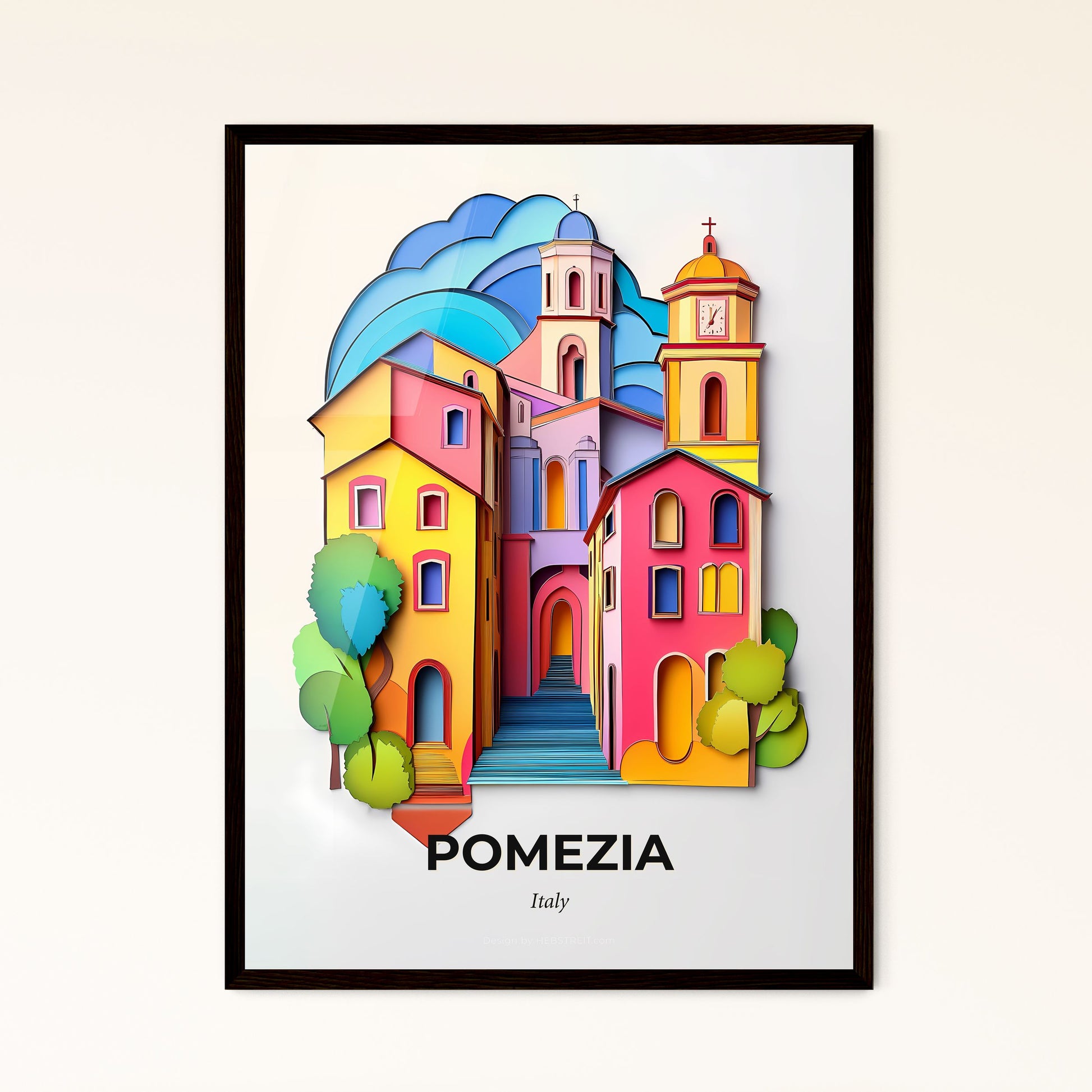 Vivid Pomezia, Italy - a colorful city with a clock tower and a staircase