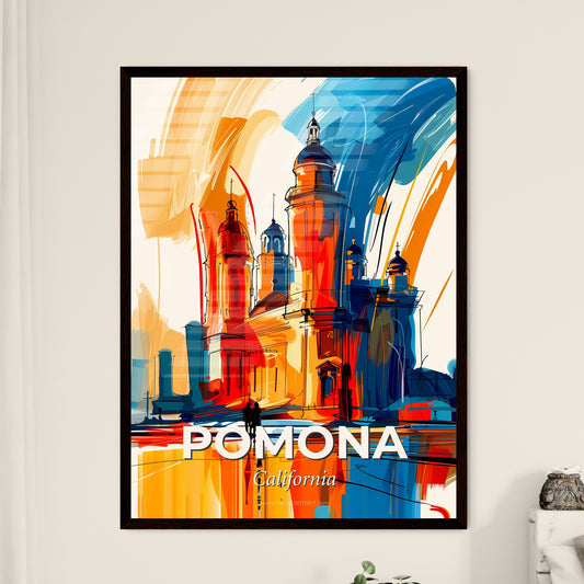 Vibrant Pomona, California - A Painting Of A Building With Towers And A Couple Of People