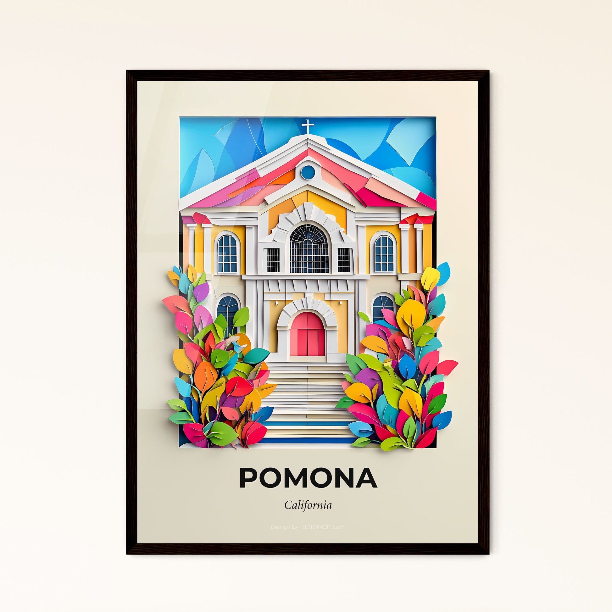 Vivid Pomona, California - a paper cut of a church with colorful leaves