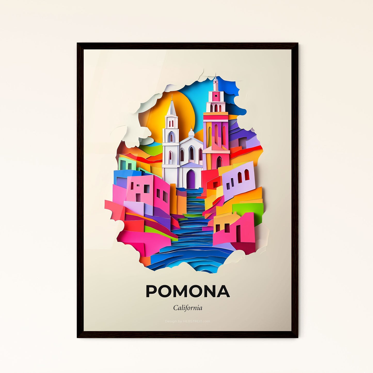 Vivid Pomona, California - a paper cut of a city with a steeple