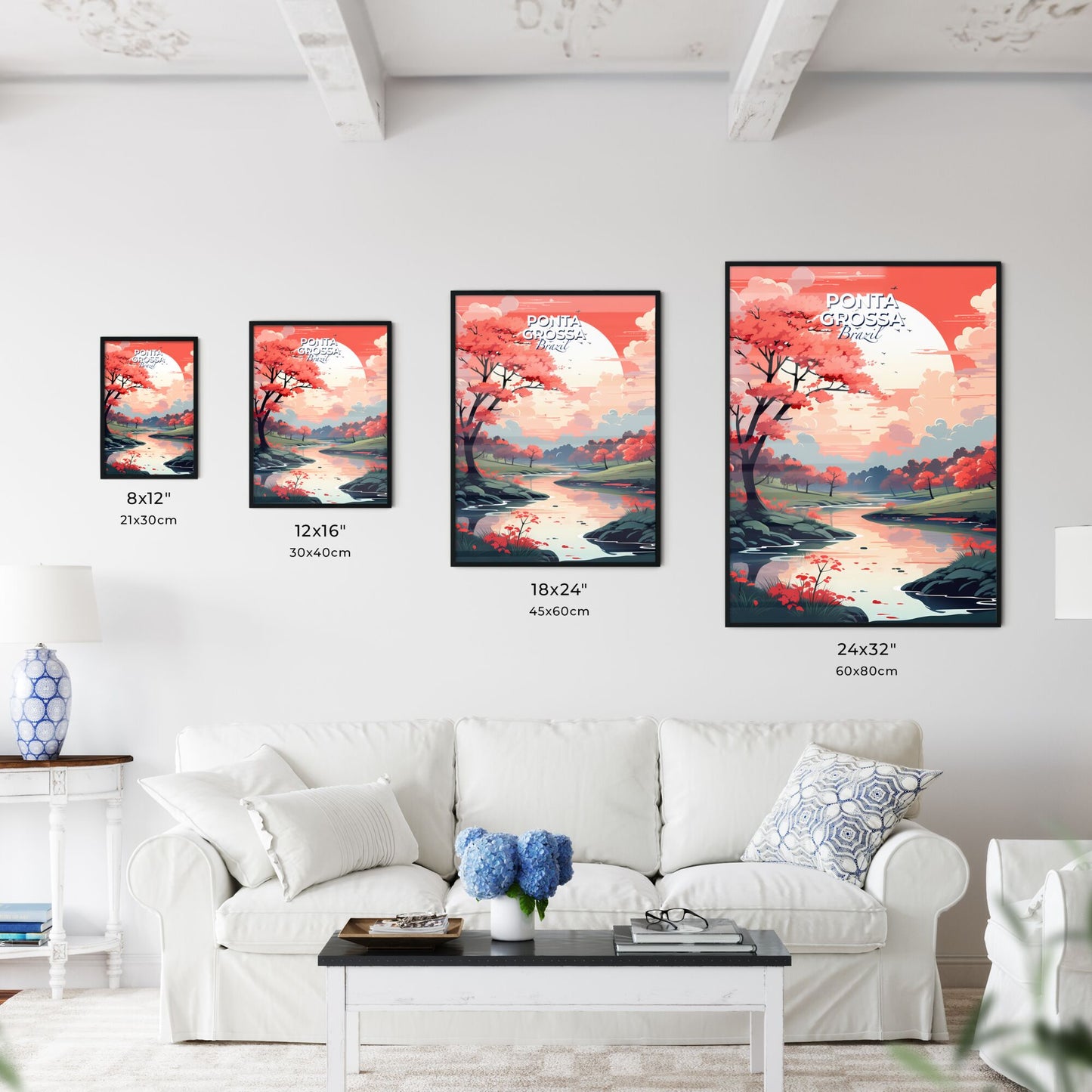 Vibrant Sunset Canvas Painting Depicting Ponta Grossa Brazil Skyline Riverside Trees Default Title