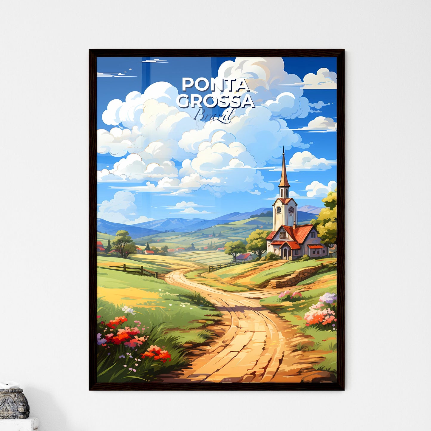 Vibrant Painting Depicting Ponta Grossa Skyline Brazil with Road and Church Default Title