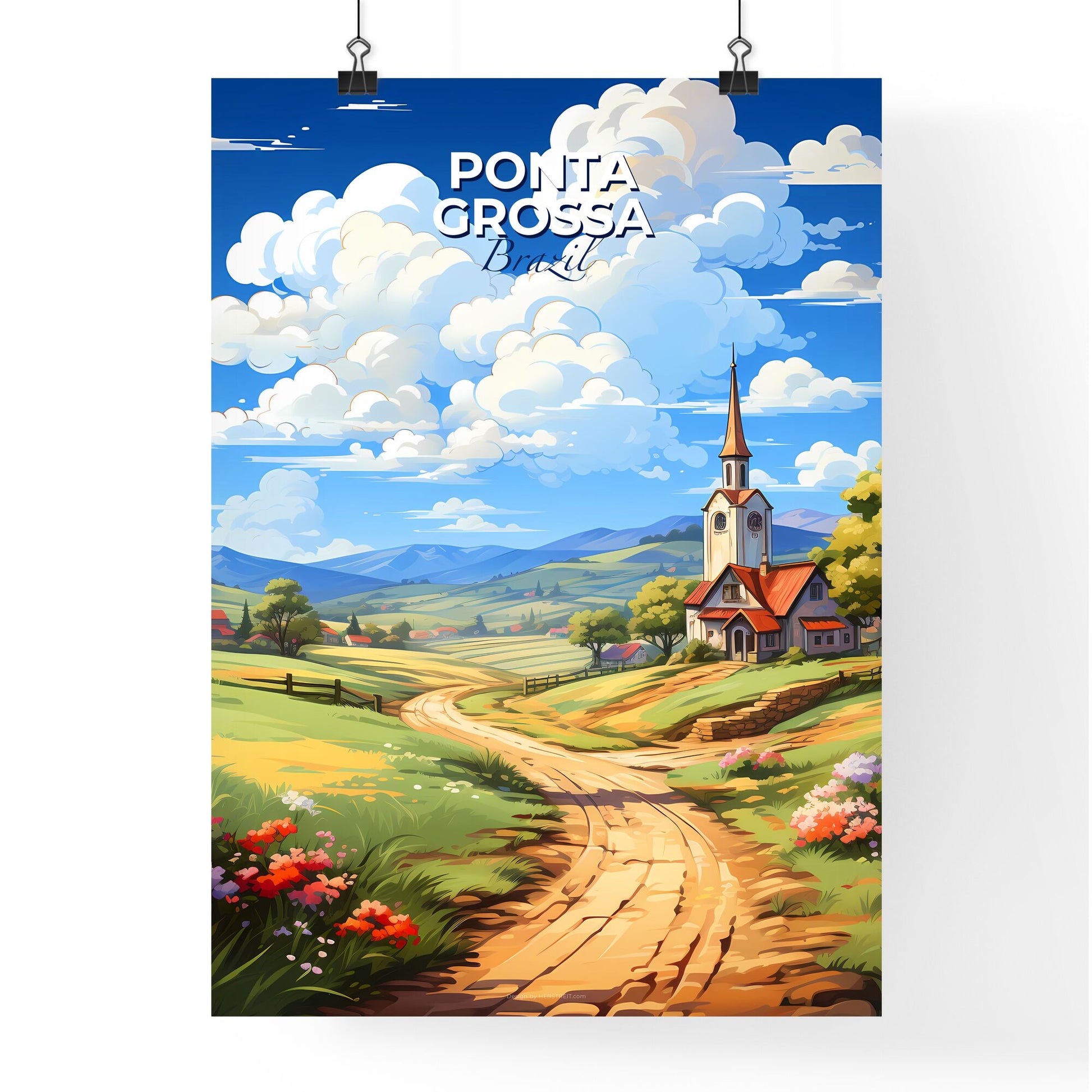 Vibrant Painting Depicting Ponta Grossa Skyline Brazil with Road and Church Default Title