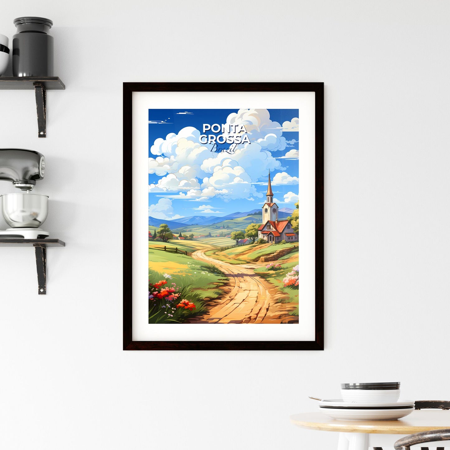 Vibrant Painting Depicting Ponta Grossa Skyline Brazil with Road and Church Default Title