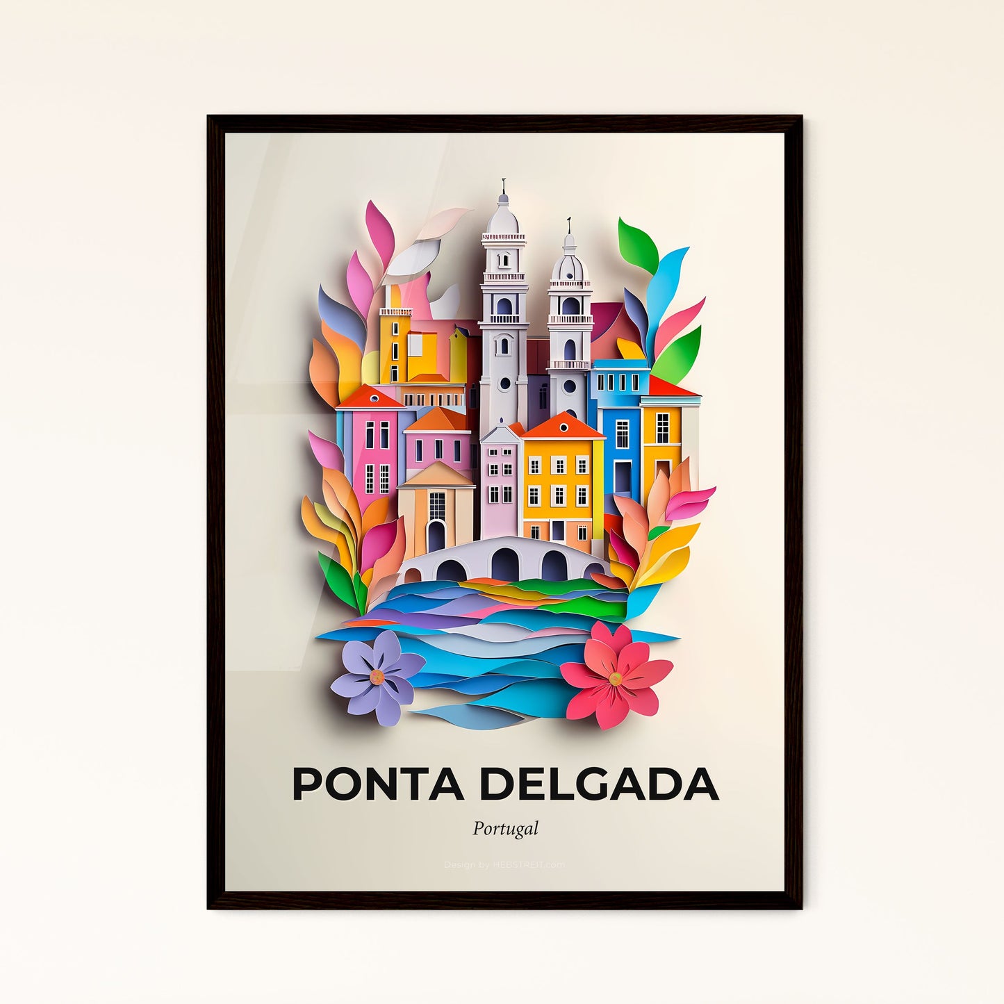 Vivid Ponta Delgada, Portugal - a paper cut of a city with a clock tower