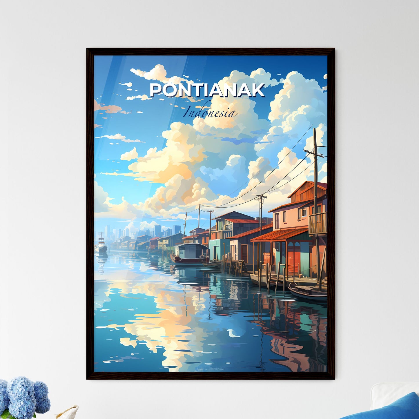 Vibrant Pontianak Skyline Painting Showcasing Waterway, Houses, and Boats Default Title