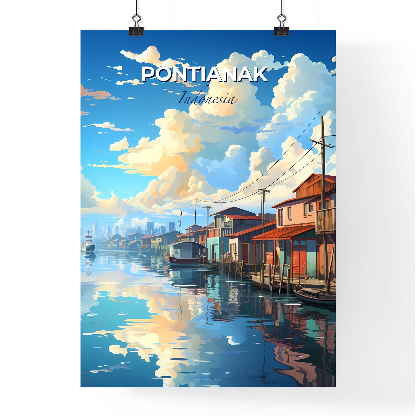 Vibrant Pontianak Skyline Painting Showcasing Waterway, Houses, and Boats Default Title