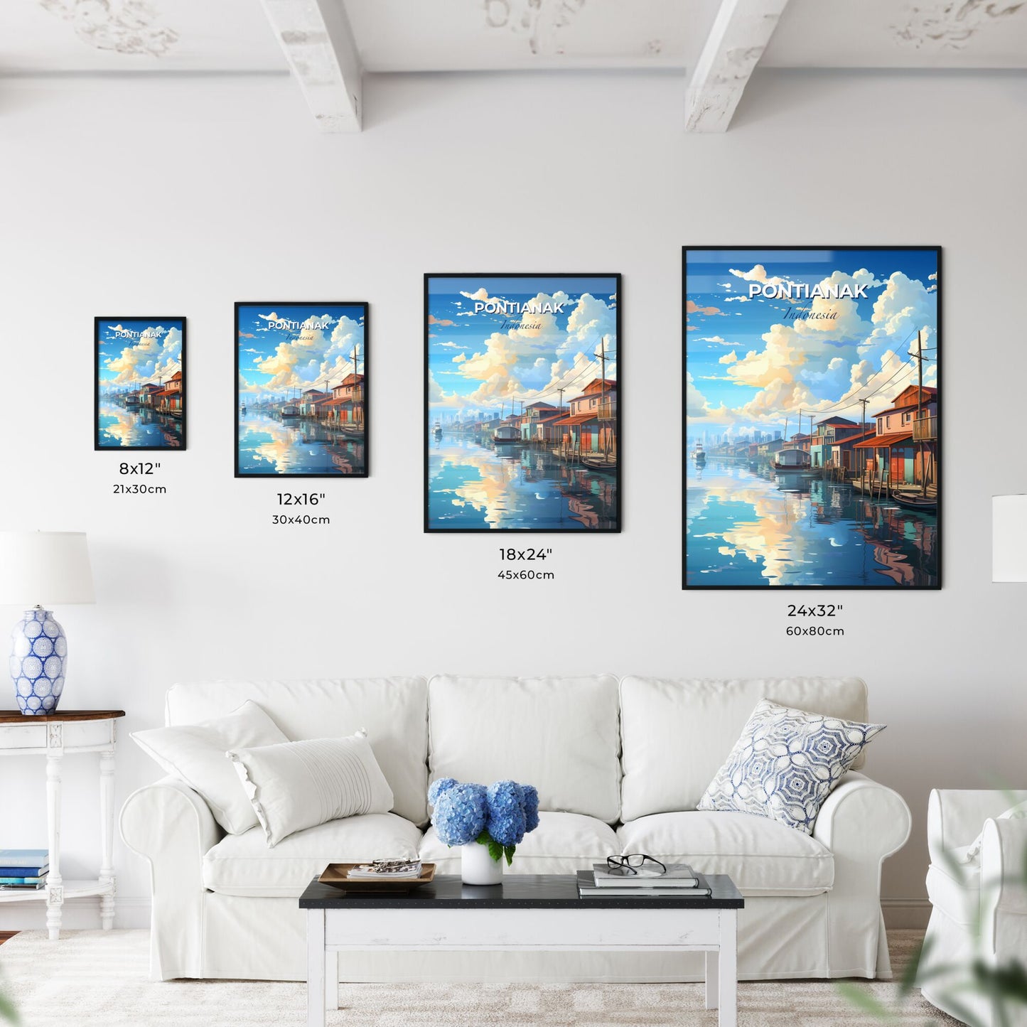 Vibrant Pontianak Skyline Painting Showcasing Waterway, Houses, and Boats Default Title