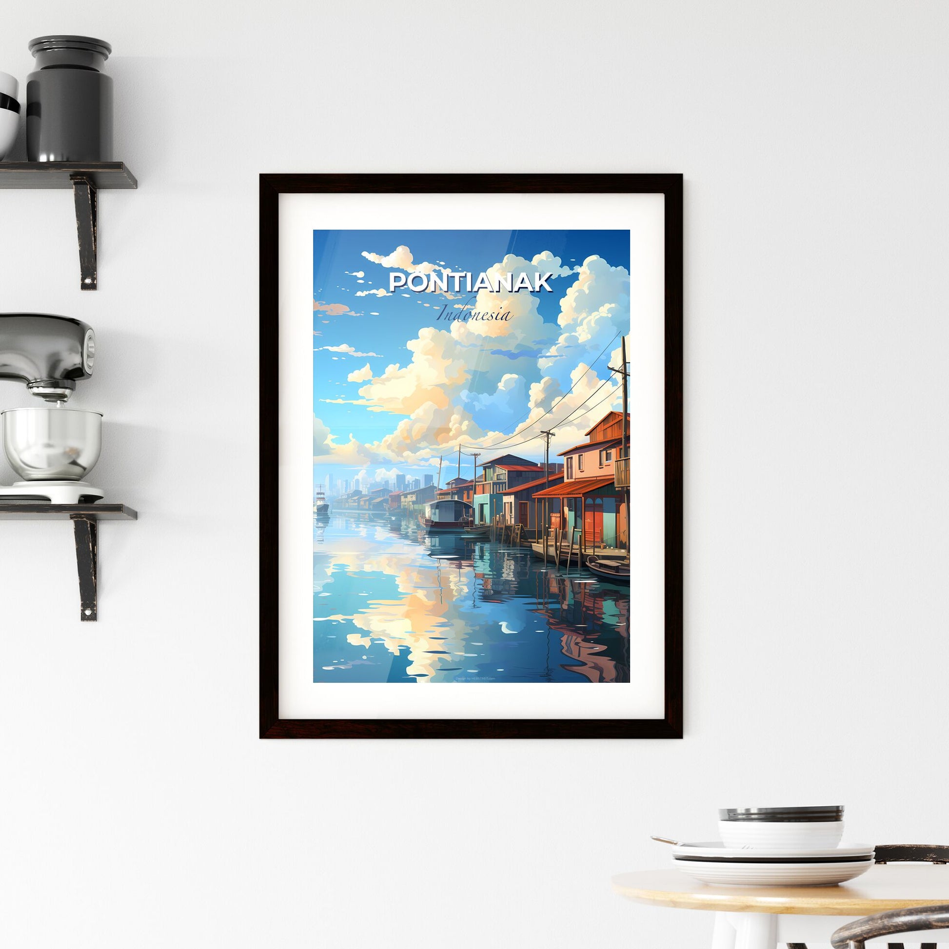 Vibrant Pontianak Skyline Painting Showcasing Waterway, Houses, and Boats Default Title