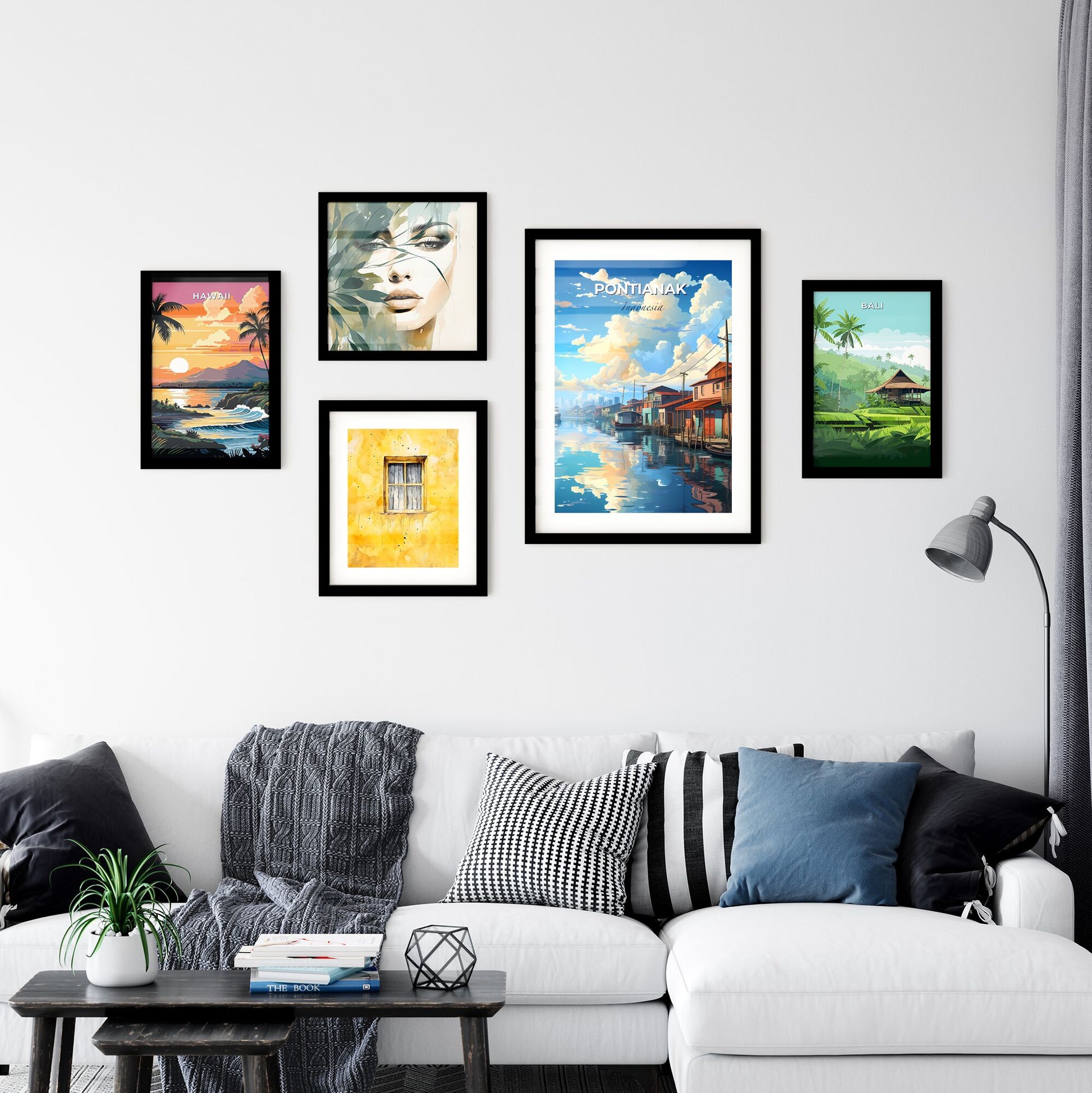 Vibrant Pontianak Skyline Painting Showcasing Waterway, Houses, and Boats Default Title