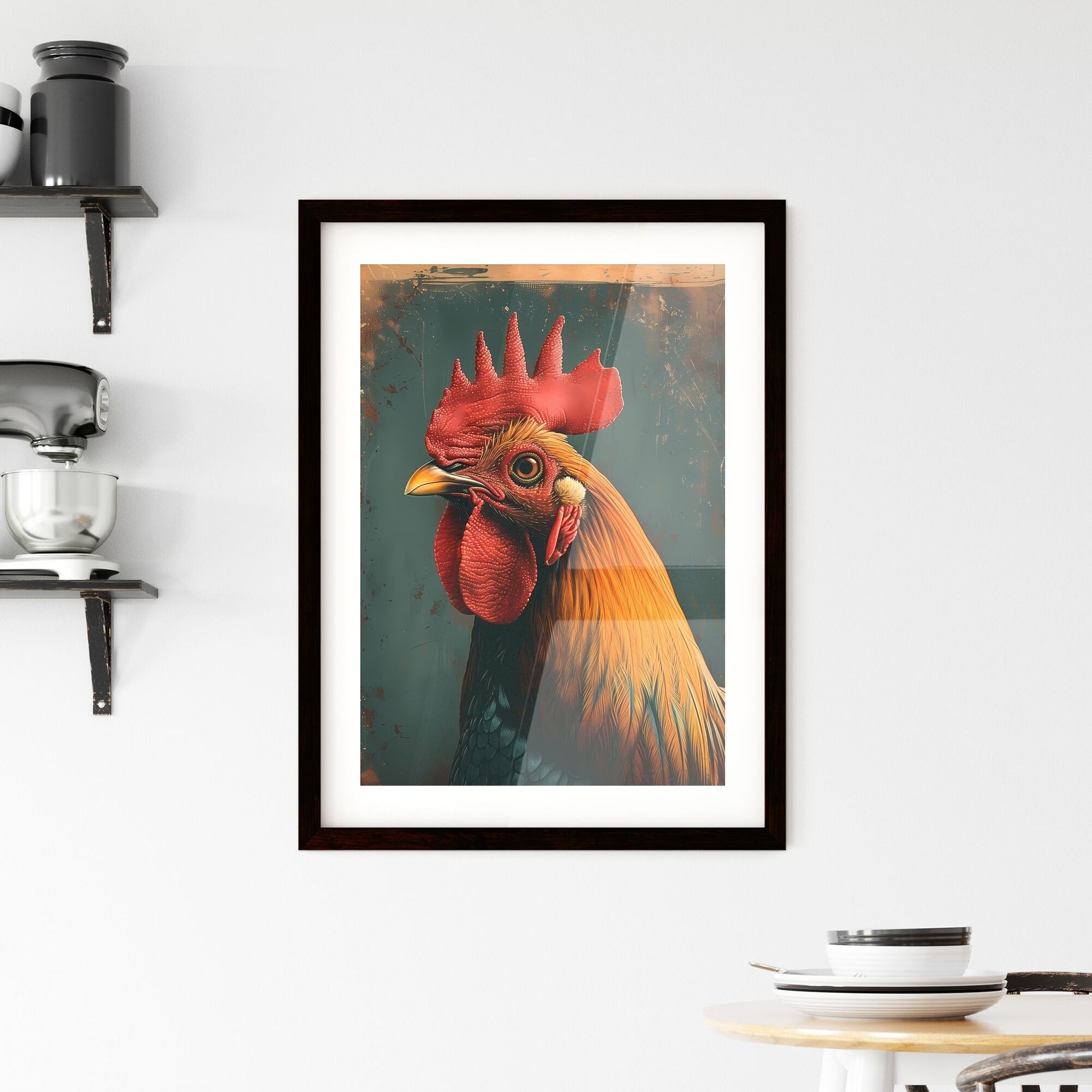 Vibrant Pop-Art Rooster Painting with Crimson Comb Focusing on Artistic Expression Default Title