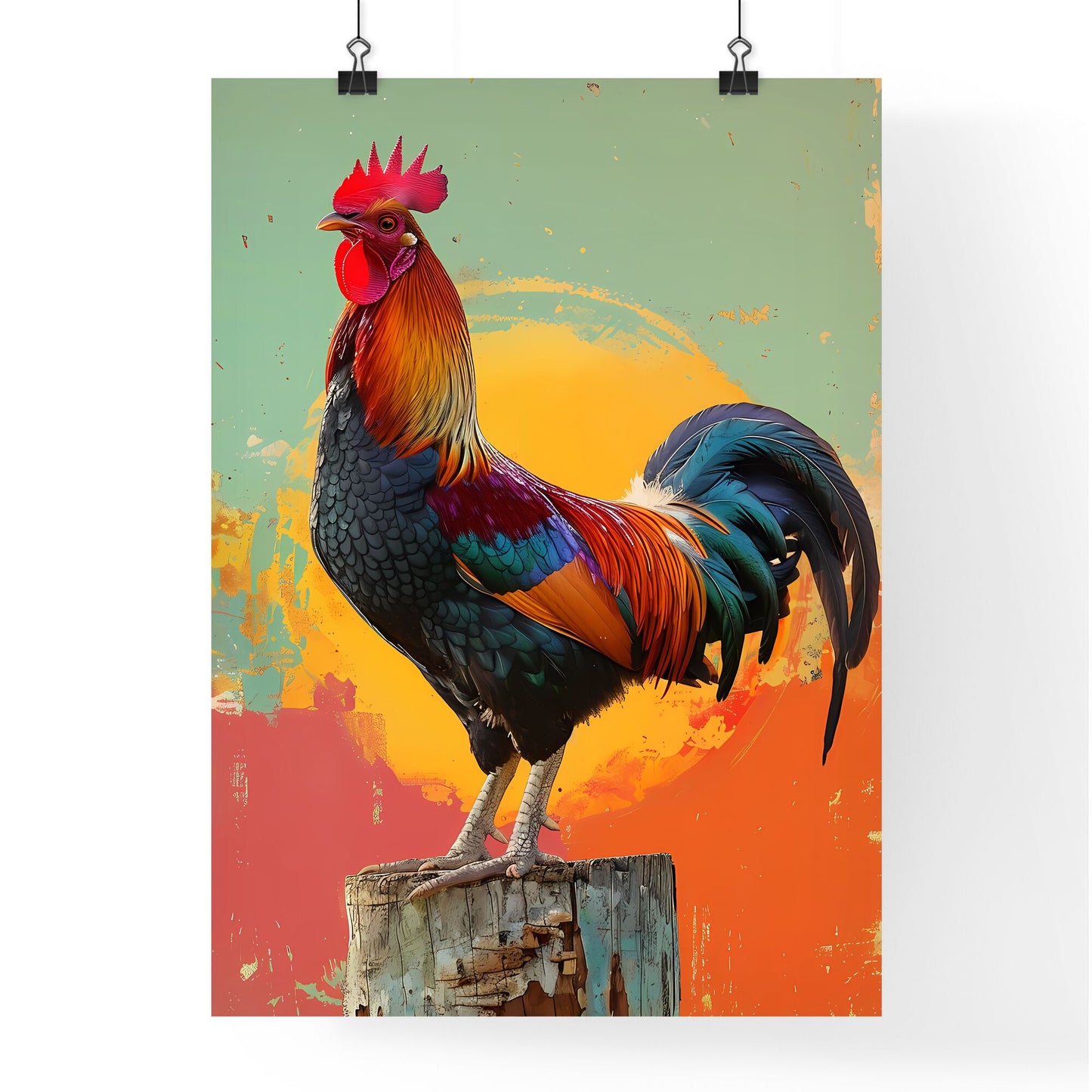 Pop art rooster painting standing on post, vibrant colors, art, popart, rooster, post, painting, vibrant Default Title