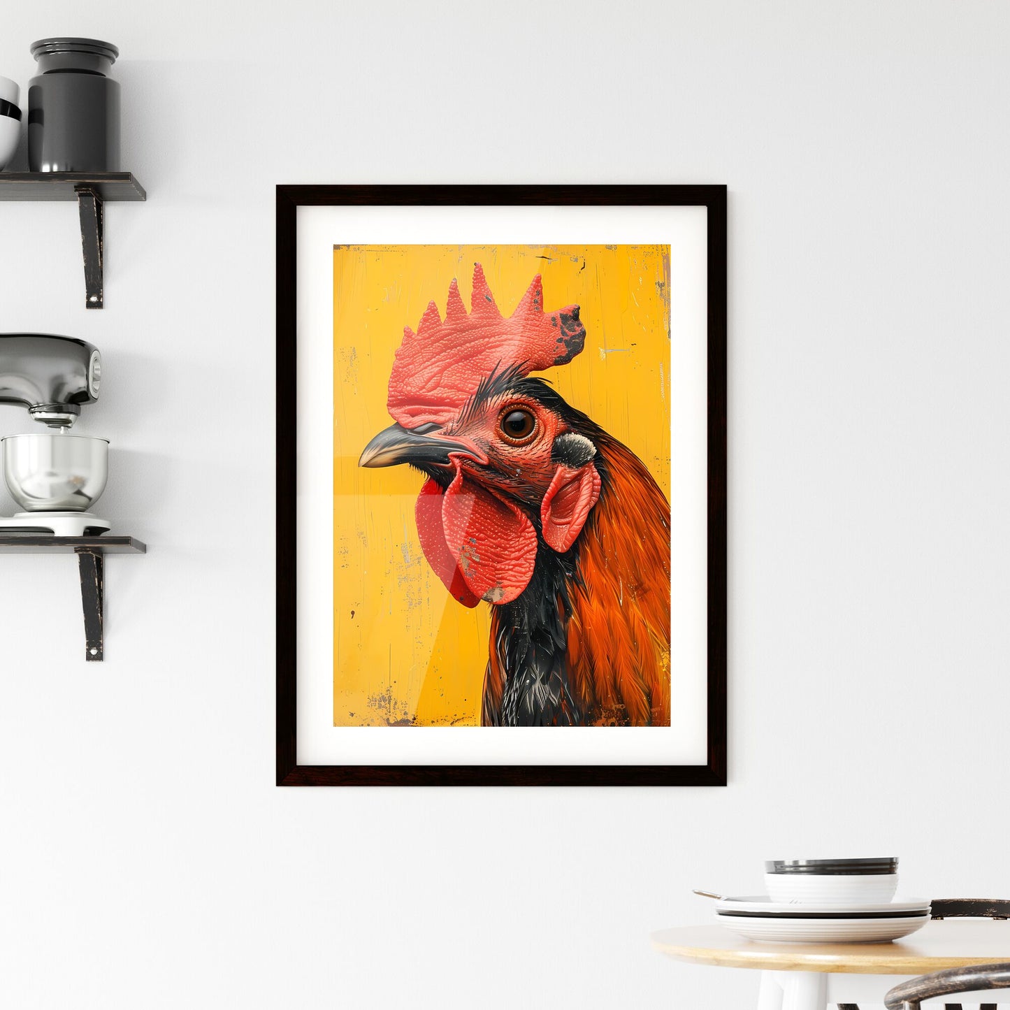 Vibrant Pop-Art Rooster Painting on Yellow Background with Focus on Art Default Title