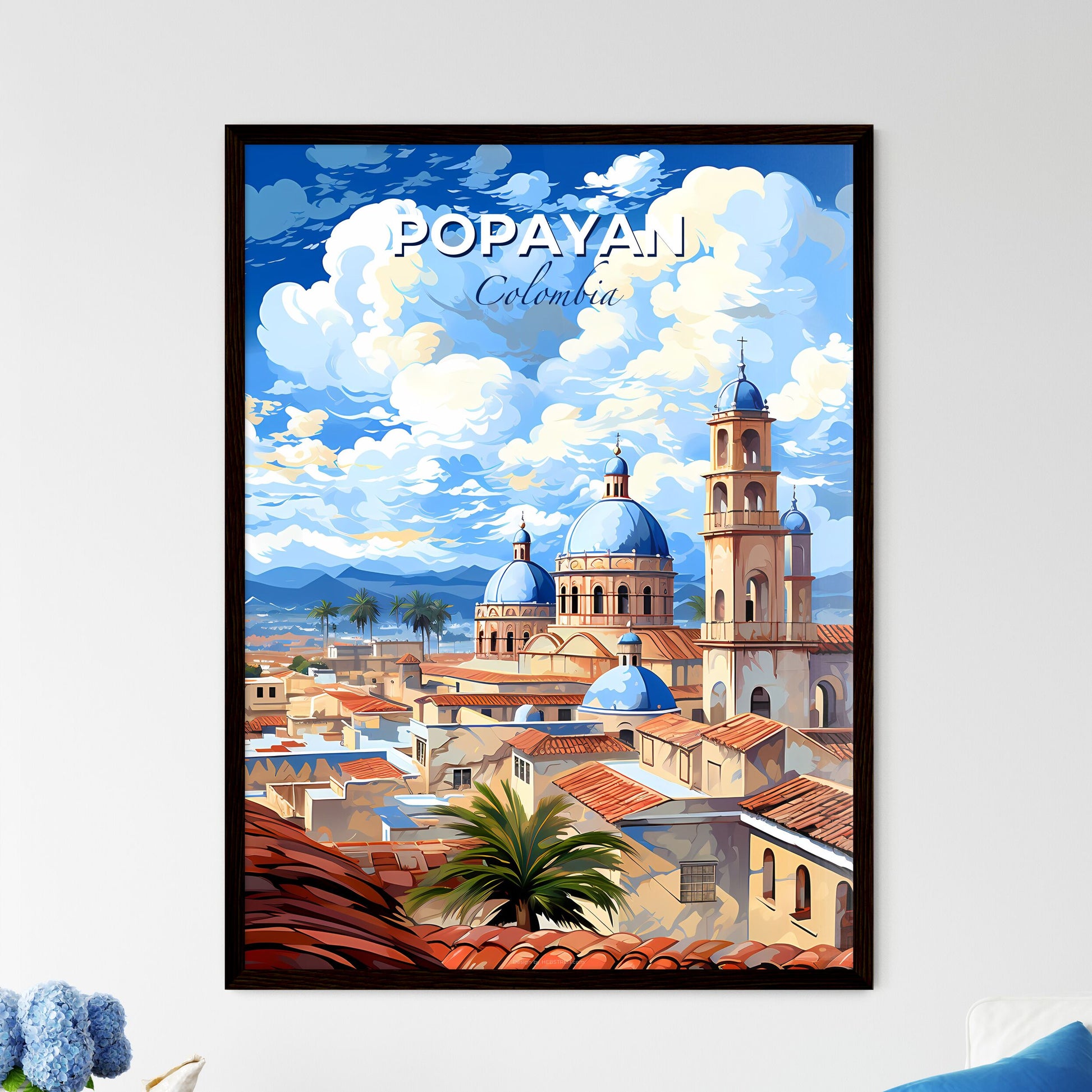 Vibrant Latin American City Painting: Popayan Colombia Skyline with Blue Domes and Mountain Default Title