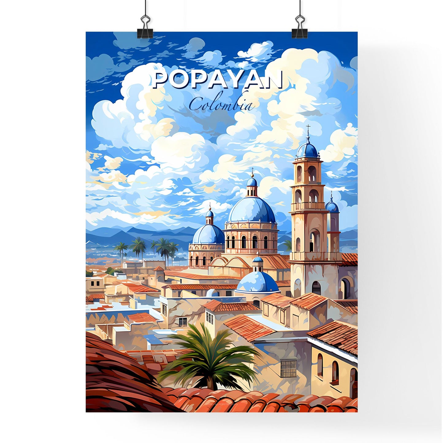 Vibrant Latin American City Painting: Popayan Colombia Skyline with Blue Domes and Mountain Default Title