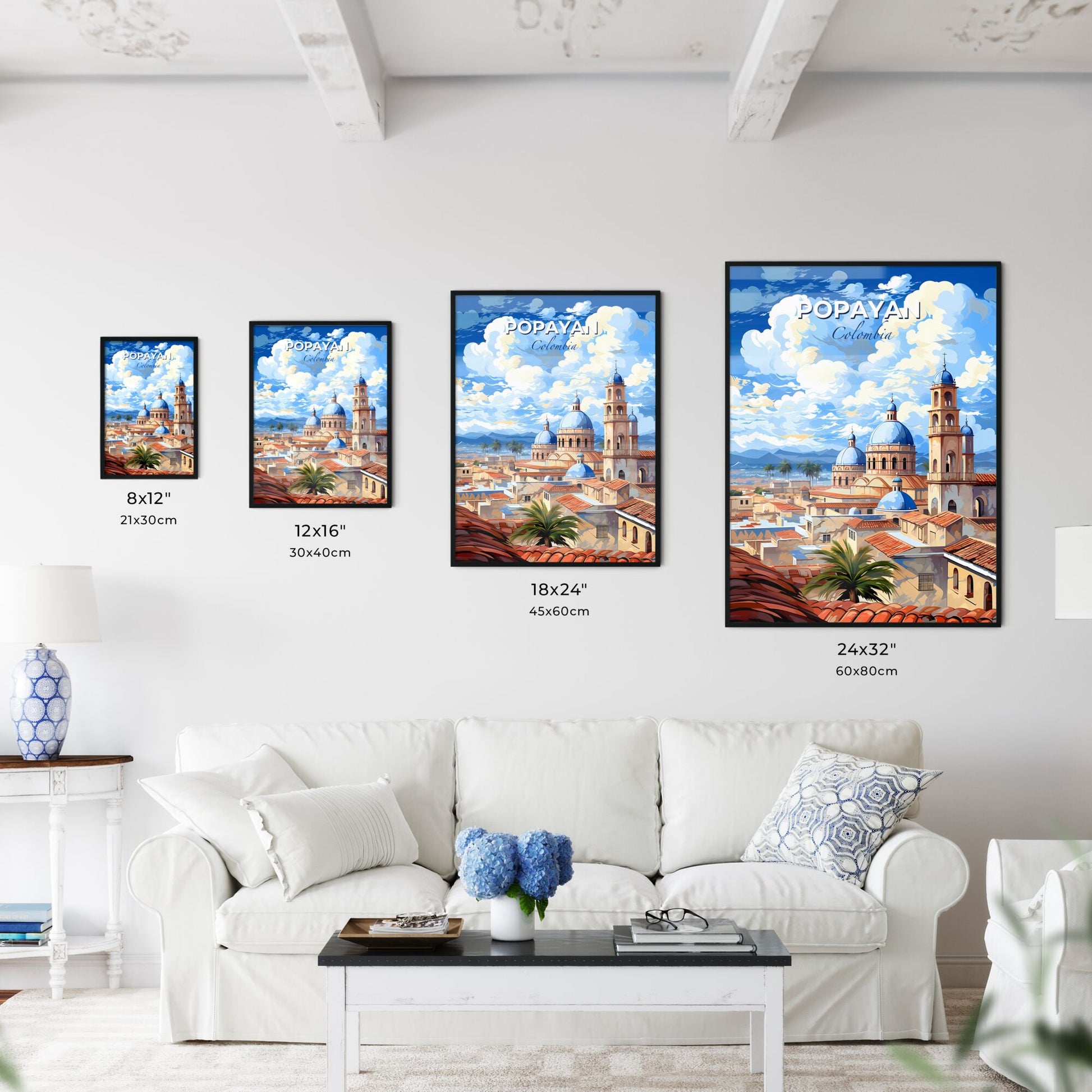 Vibrant Latin American City Painting: Popayan Colombia Skyline with Blue Domes and Mountain Default Title