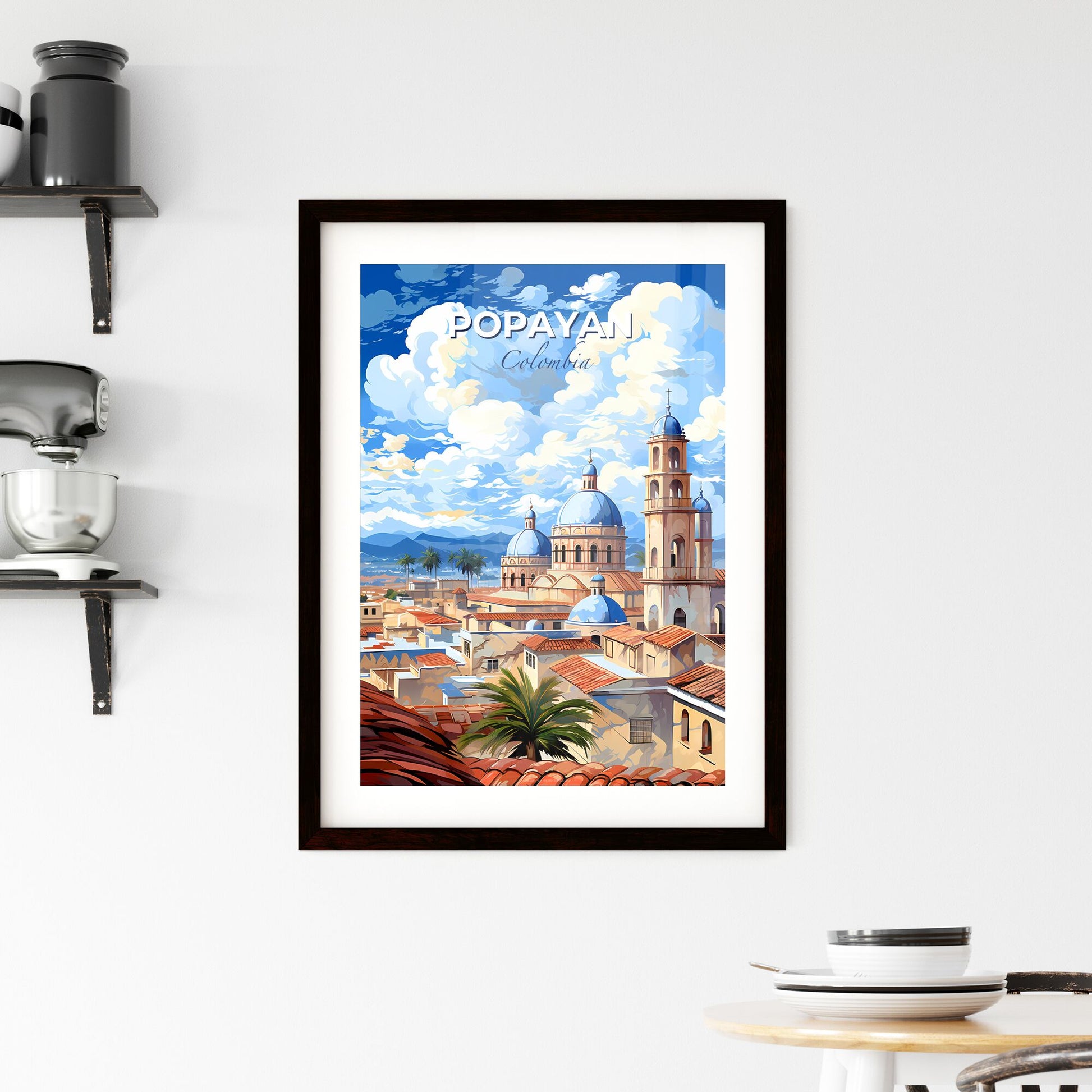 Vibrant Latin American City Painting: Popayan Colombia Skyline with Blue Domes and Mountain Default Title