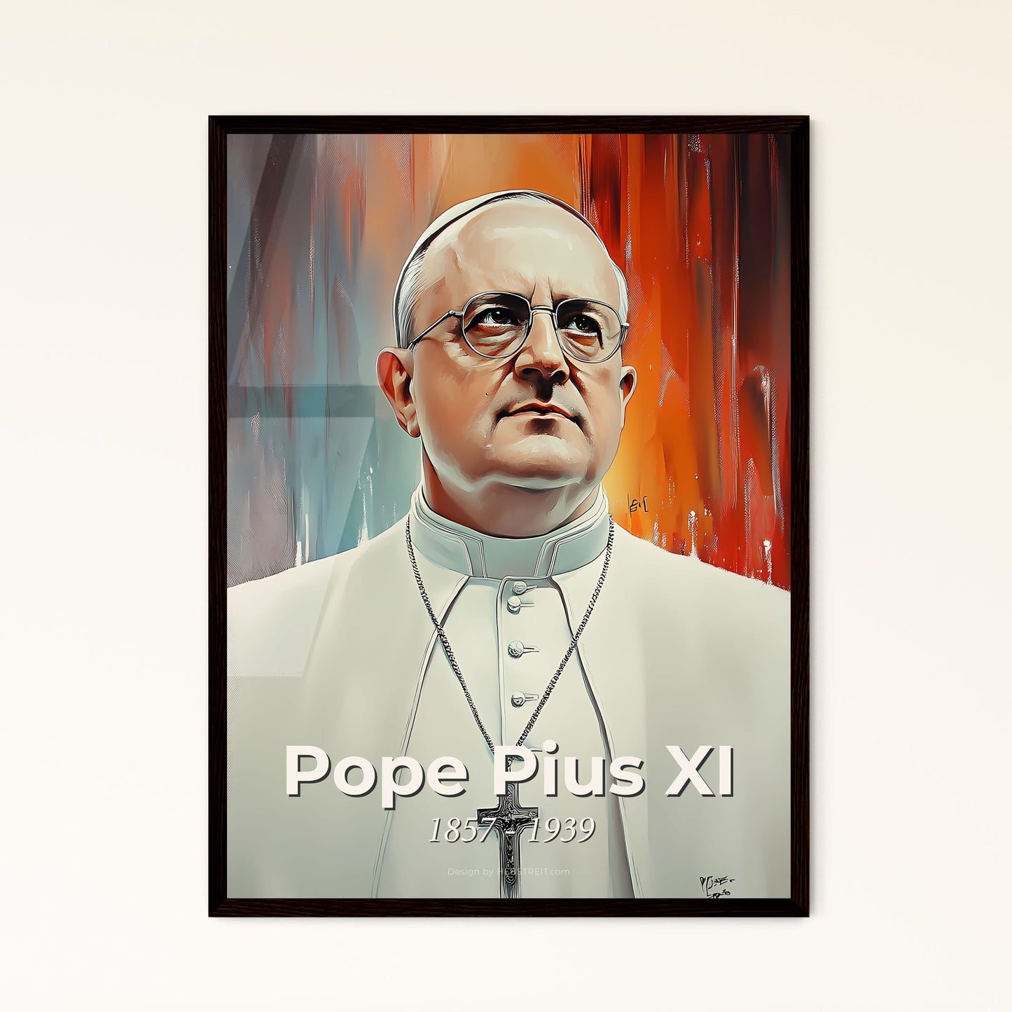 Portrait of Pope Pius XI, 1857 - 1939. Impressionistic painting of a man in a white robe and glasses.