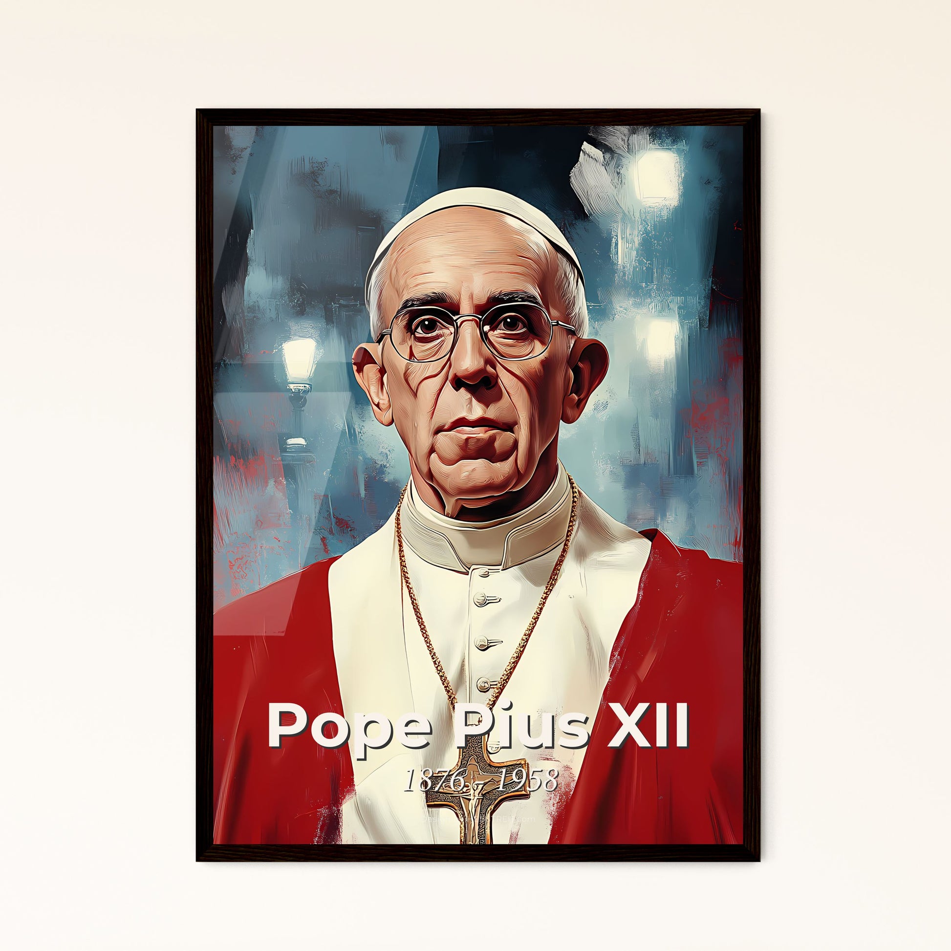 Portrait of Pope Pius XII, 1876 - 1958. Impressionistic painting of a man in a red robe and white cap with a cross.