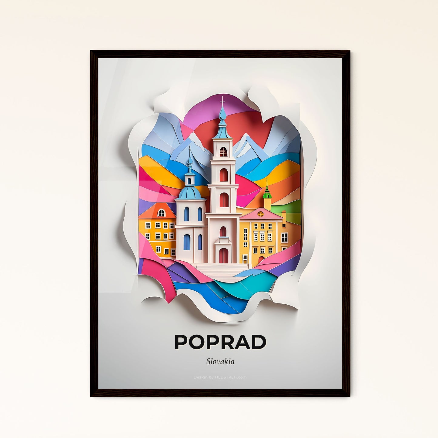 Vivid Poprad, Slovakia - a paper cut of a church with a rainbow background