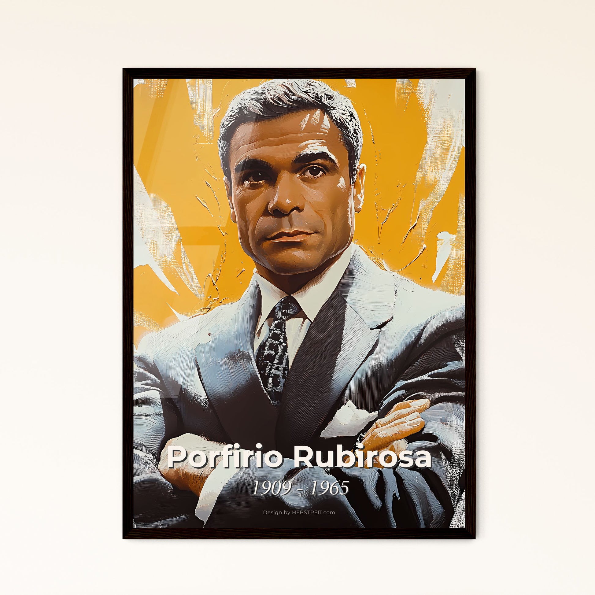 Portrait of Porfirio Rubirosa, 1909 - 1965. Impressionistic painting of a man in a suit with his arms crossed.