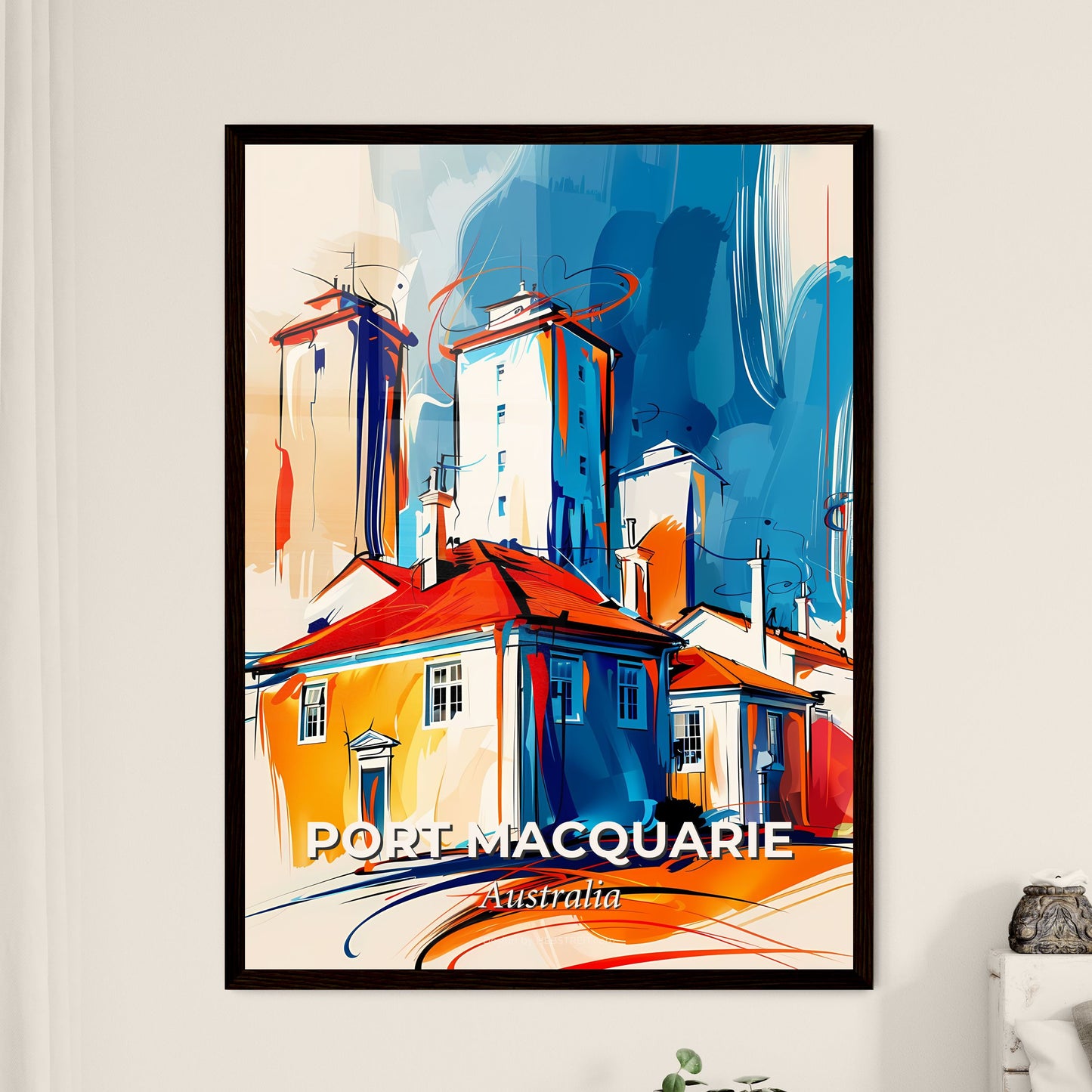 Vibrant Port Macquarie, Australia - A Painting Of Buildings And Towers