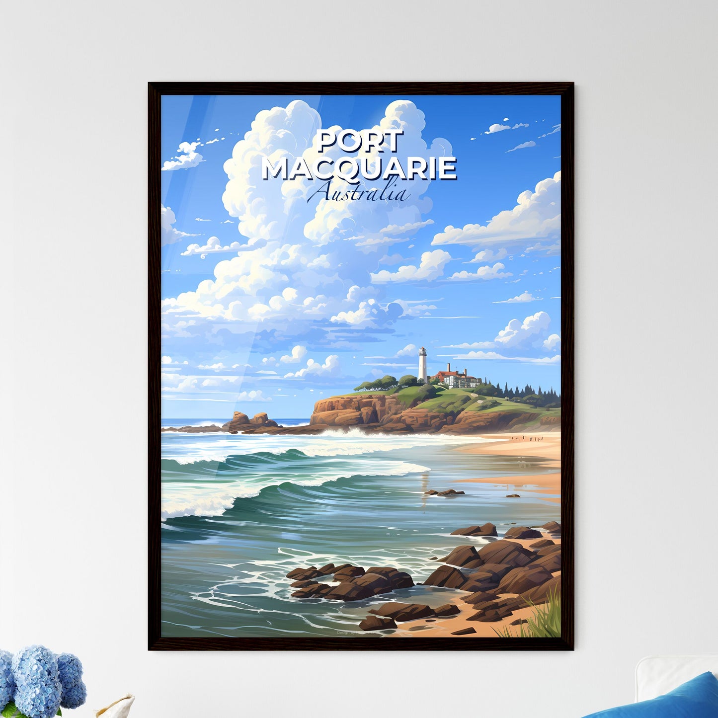 Vibrant Beachscape Artwork: Port Macquarie Skyline with Lighthouse and Rolling Waves Default Title