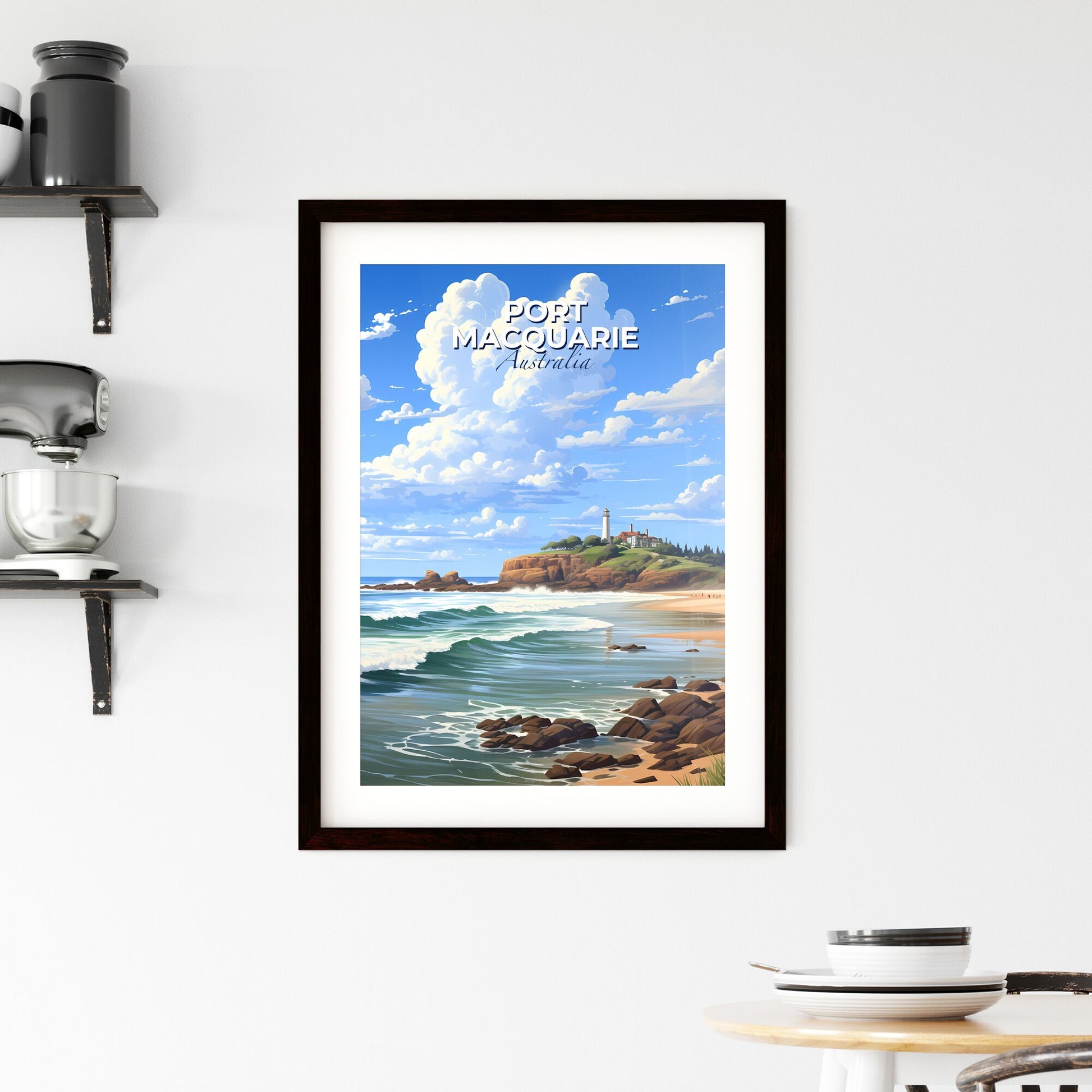 Vibrant Beachscape Artwork: Port Macquarie Skyline with Lighthouse and Rolling Waves Default Title