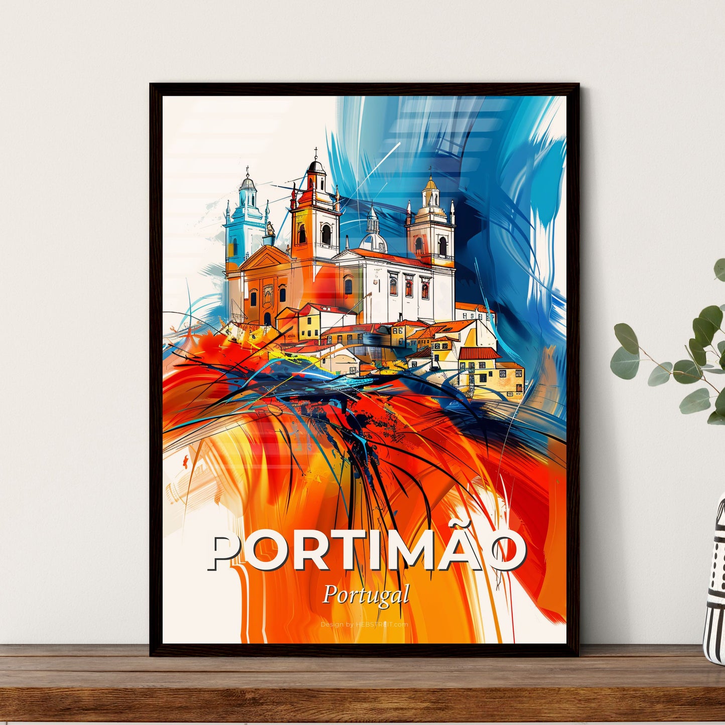 Vibrant Portimão, Portugal - A Painting Of A Building With A Colorful Background