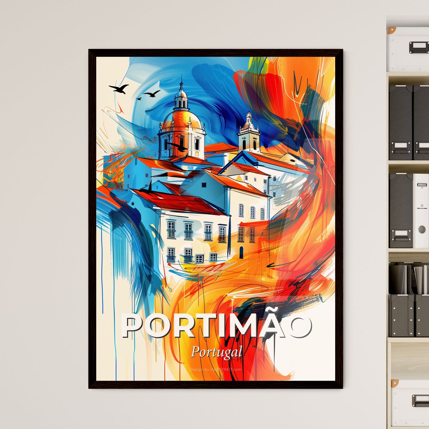 Vibrant Portimão, Portugal - A Painting Of A Building With A Dome And Birds Flying