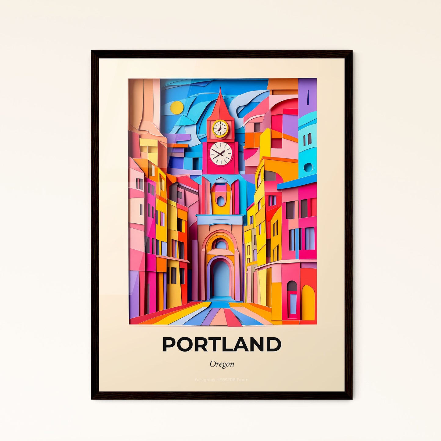 Vivid Portland, Oregon - a paper cut of a city with a clock tower