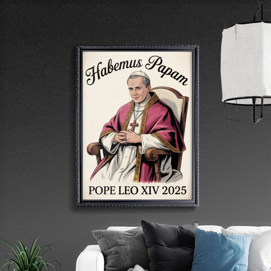 Portrait of Pope Leo XIV 2025 with 'Habemus Papam' lettering in vintage illustration style.