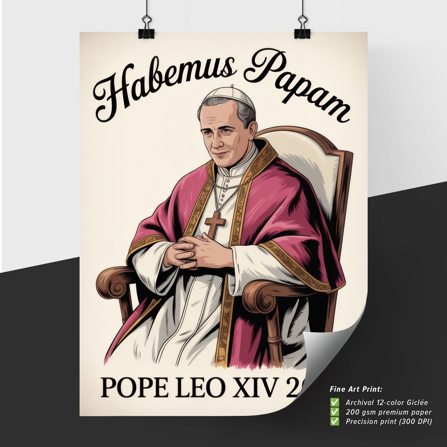 Portrait of Pope Leo XIV 2025 with 'Habemus Papam' lettering in vintage illustration style.