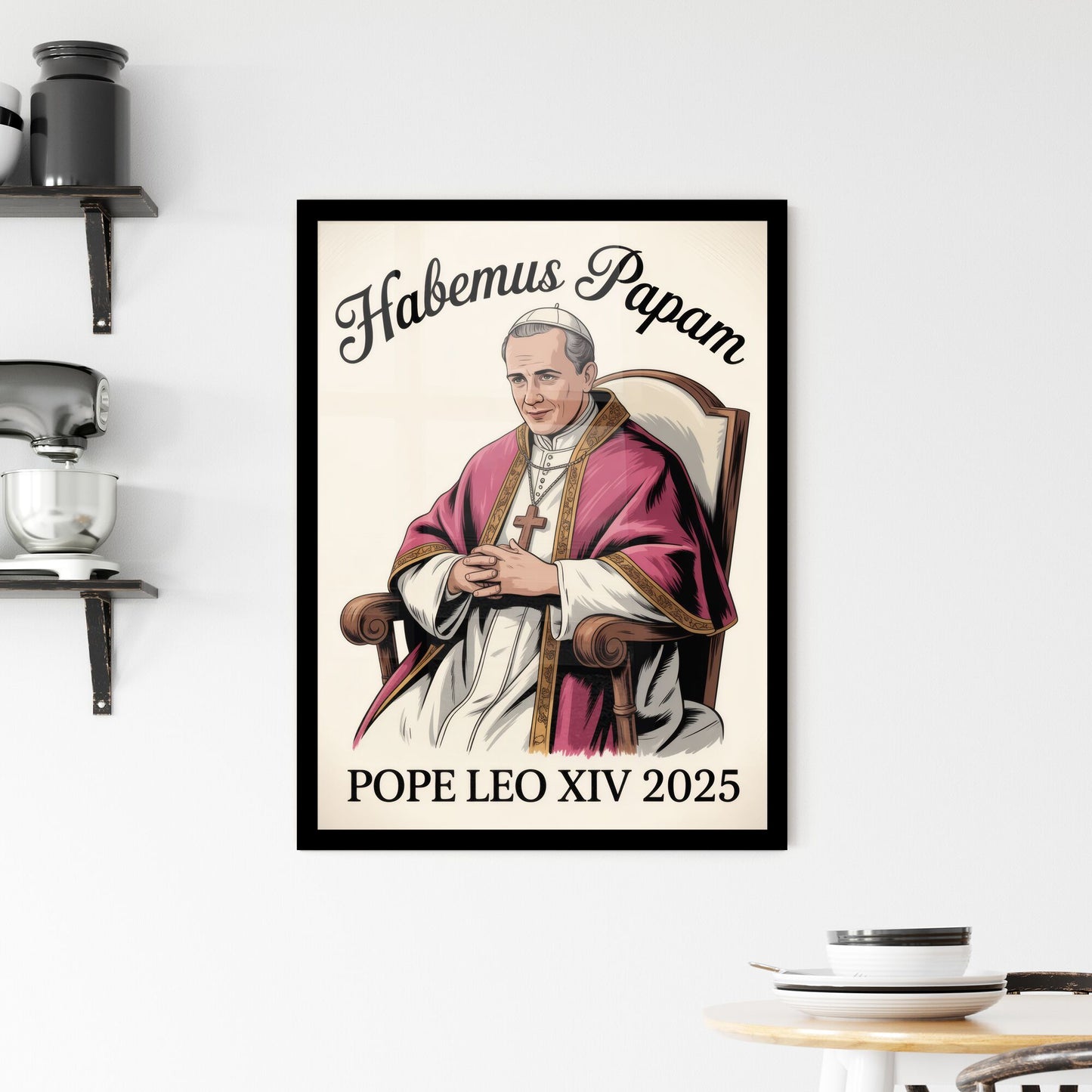 Portrait of Pope Leo XIV 2025 with 'Habemus Papam' lettering in vintage illustration style. Framed Print